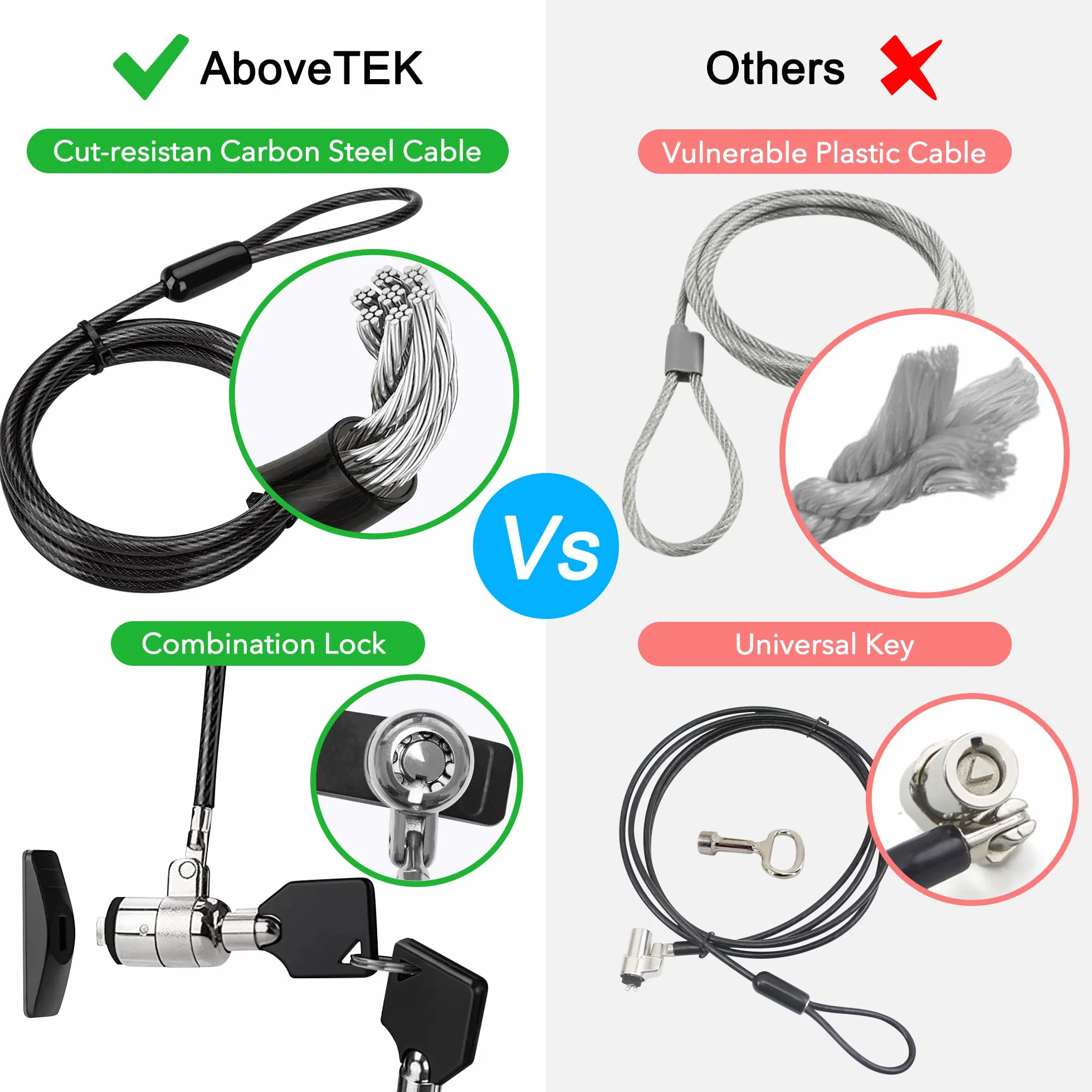 AboveTEK Blokada laptopa, kabel zabezpieczający do tabletu, 2 klawisze, trwały, stalowy zestaw blokujący z kotwicami samoprzylepnymi, ochrona sprzętu, ochrona przed kradzieżą, do telefonu, notebooka
