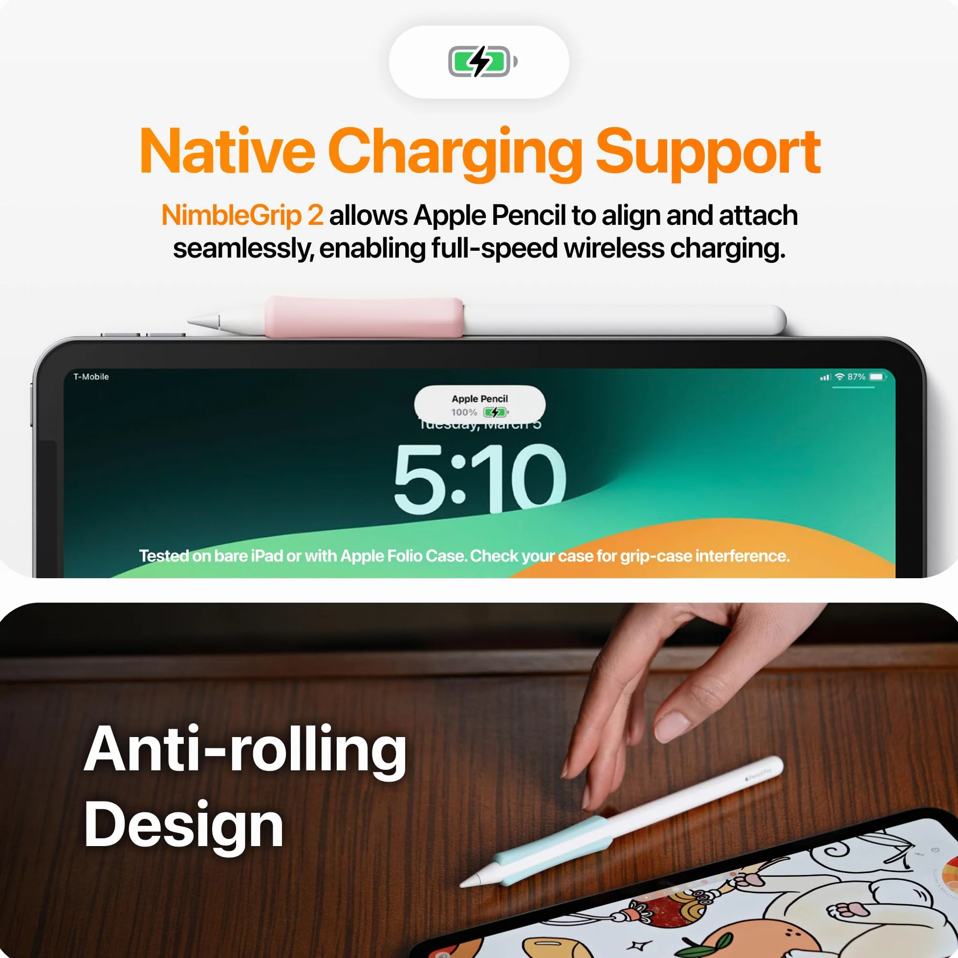 NimbleGrip 2 Ergonomiczny uchwyt premium, kompatybilny z Apple Pencil 2 i Apple Pencil USB-C (otwarta strona, lawenda)
