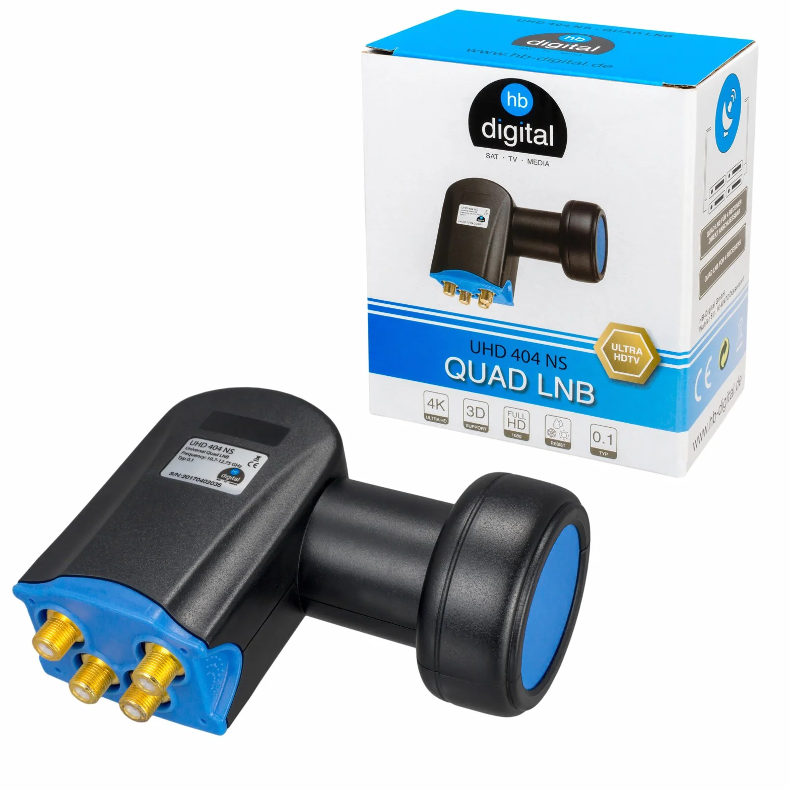 HB-DIGITAL Quad Ultra LNB LNC 4 uczestników bezpośredni ✨ Full HD TV 3D 4K czarny Black ■ styki pozłacane ■ ochrona przed warunkami atmosferycznymi (wyciągana)