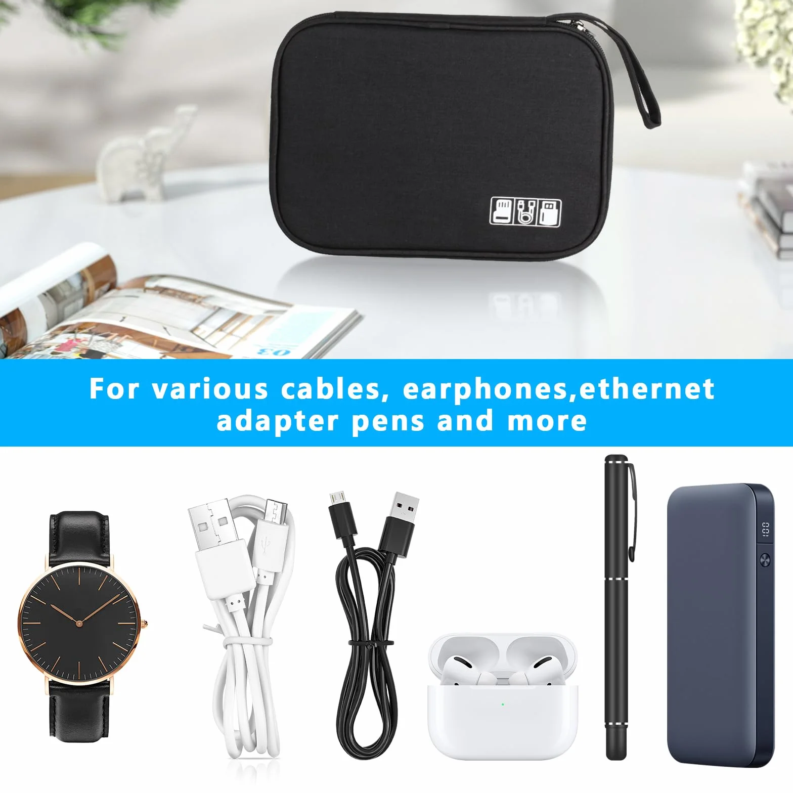 Elektroniczny organizer podróżny - torba do przechowywania kabli, ładowarek, kluczy USB i akcesoriów, czarny, Nowoczesny