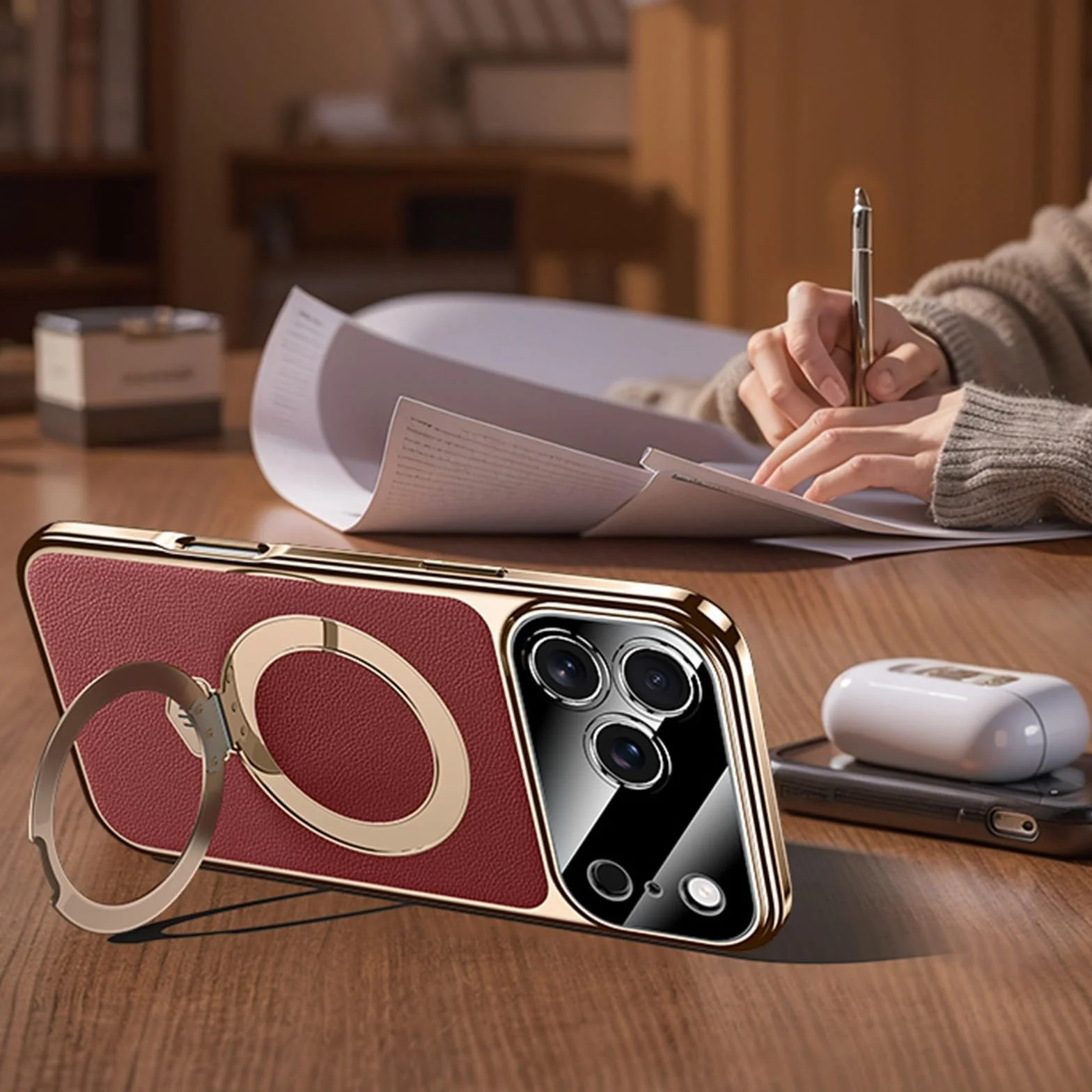 Generic etui kompatybilne z iPhone 17 Pro (kolor: czerwony) wysokiej jakości skórzany pierścień twardy tył silikonowy futerał