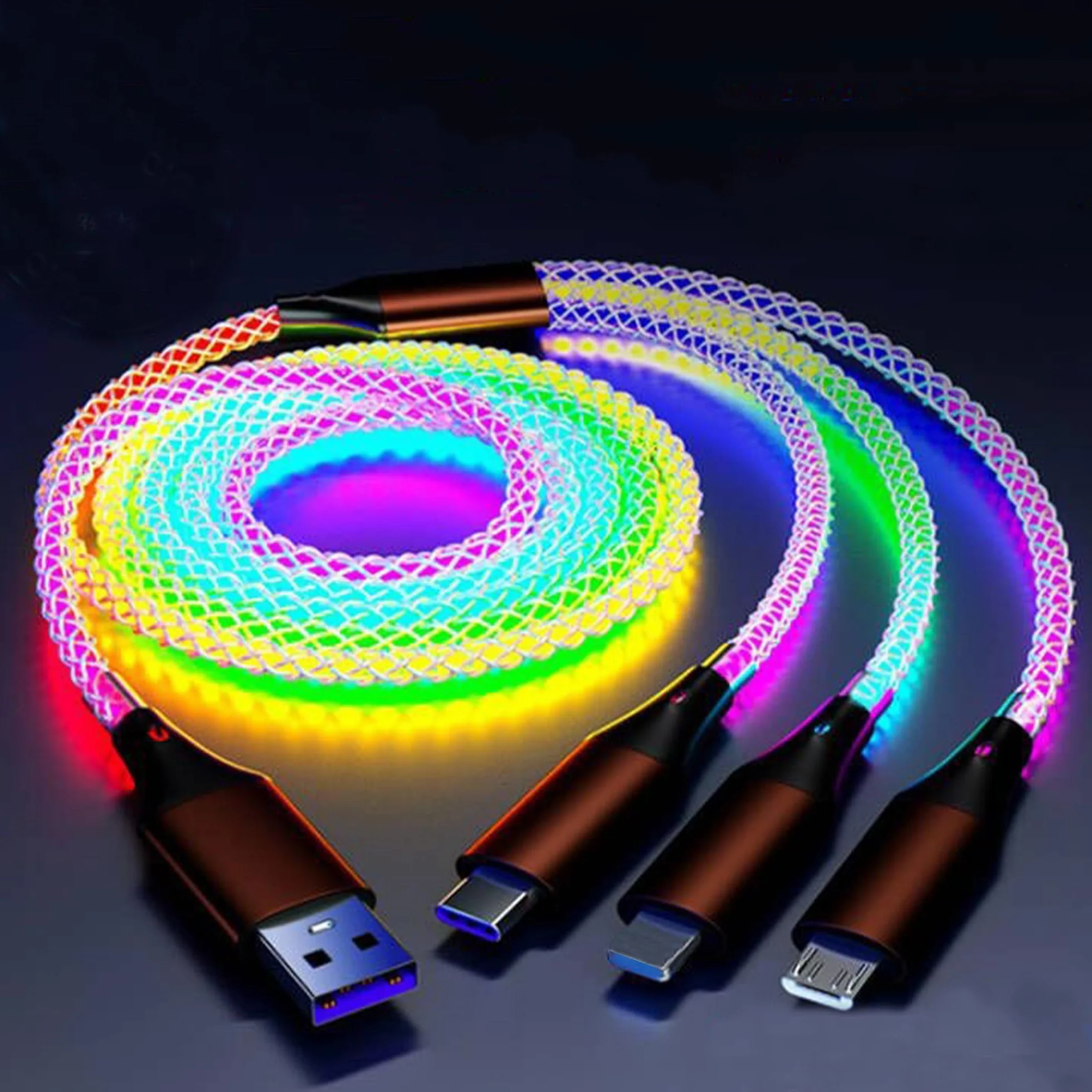 66 W 3 w 1 podświetlany kabel do ładowania LED, świecący przewód do szybkiego ładowania RGB, kabel micro USB do telefonu, Samsung Galaxy, Huawei, Android, Sony Xperia (4FT)
