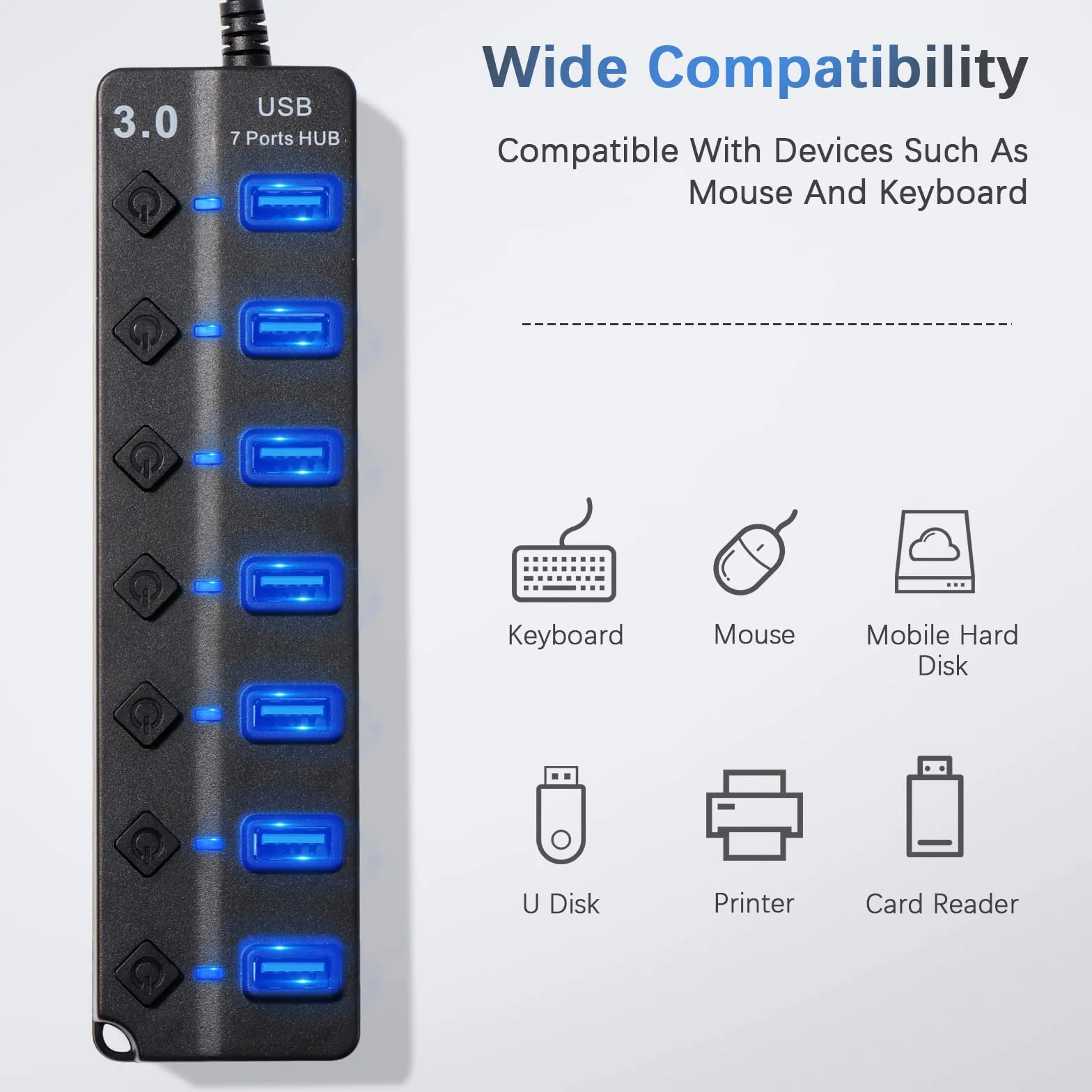 Hoppac Hub 7 w 1 z 1 USB 3.0 i 6 USB 2.0, Adapter Multiple do PC z Niezależnym Przełącznikiem i Wskaźnikiem LED, Długość Linii 1 m