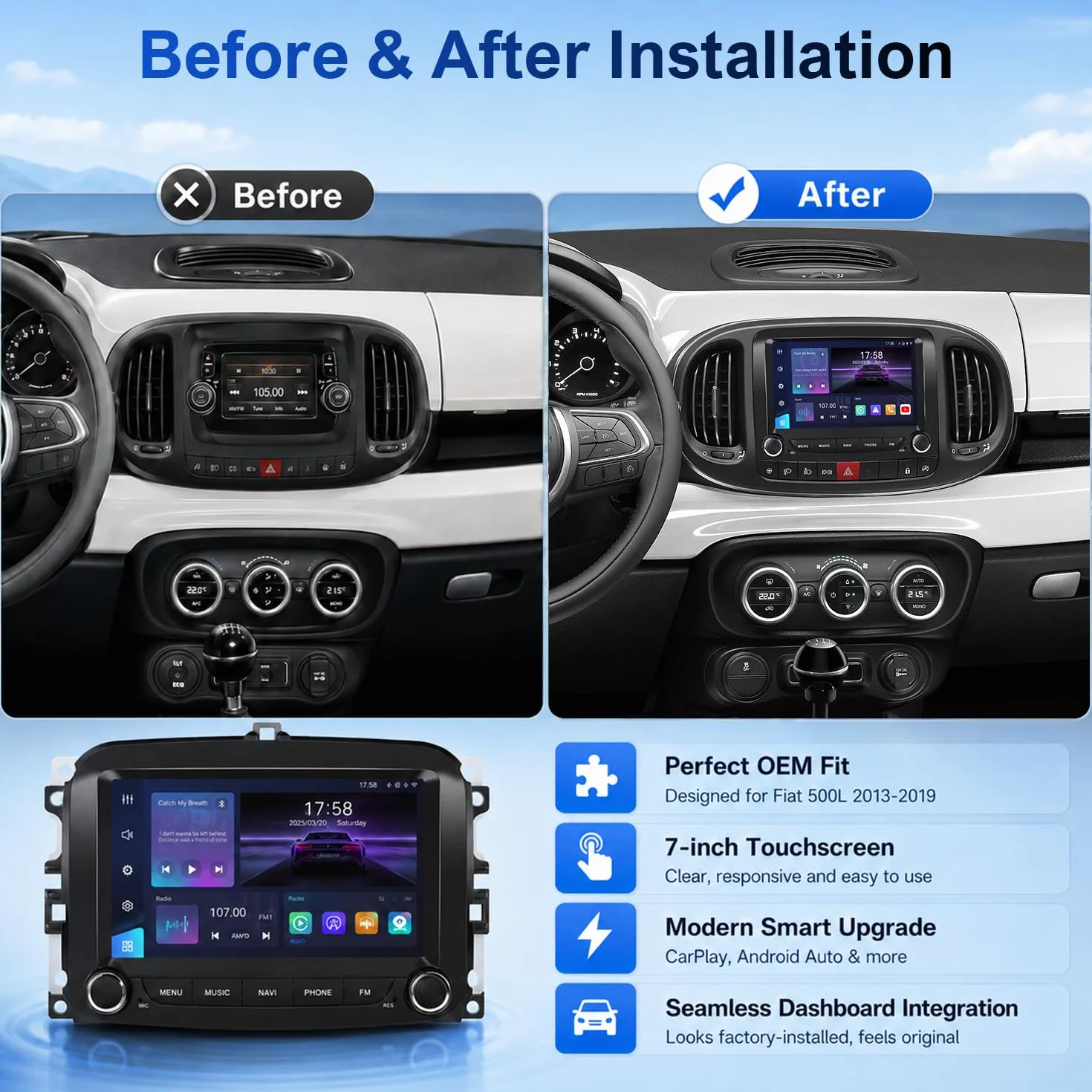 Linux radio samochodowe do FIAT 500L 2013-2019 z CarPlay i Android Auto | 7-calowy ekran dotykowy HD, Bluetooth, radio RDS, FM/AM/USB/DSP, Plug & Play