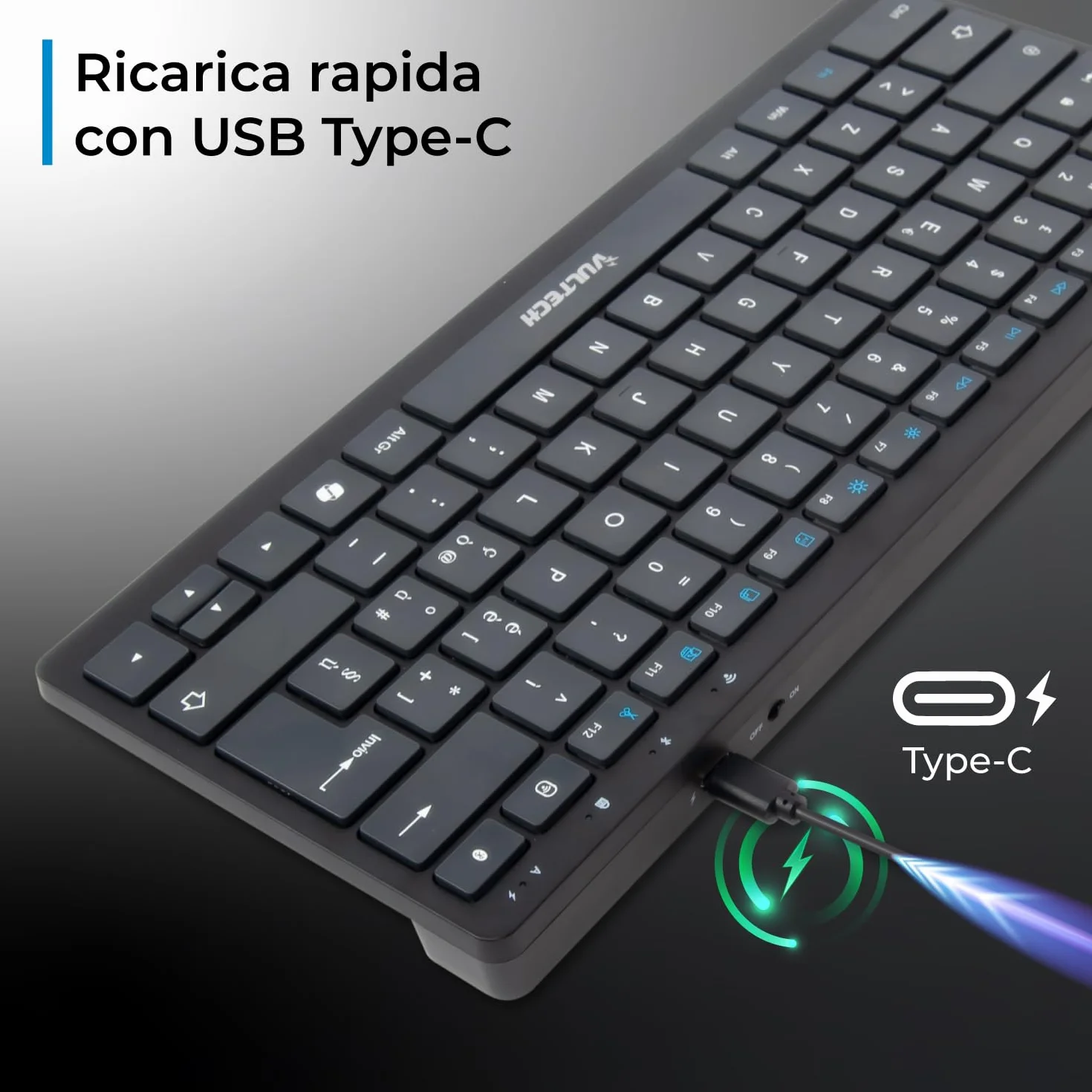 VulTech KEY-601WBT bezprzewodowa klawiatura Bluetooth do wielokrotnego ładowania 80/90 godzin ultradźwiękowy włoski układ. Ciche przyciski, 12 multimediów, kompatybilny z komputerem PC, Mac OS