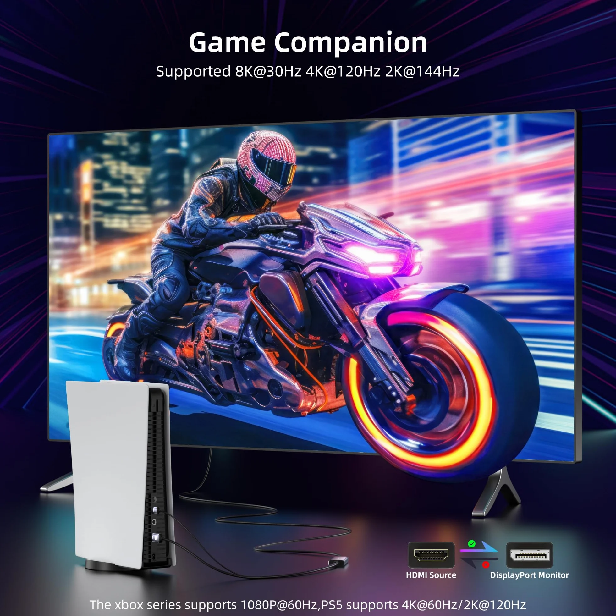 Kabel HDMI na wyświetlaczu 8K, adapter 4K 120 Hz HDMI 2.1 na Displayport 1.4, zasilanie USB, do laptopów, dyskretnych GPU, PS5 i Xbox Series X oraz monitorów do gier