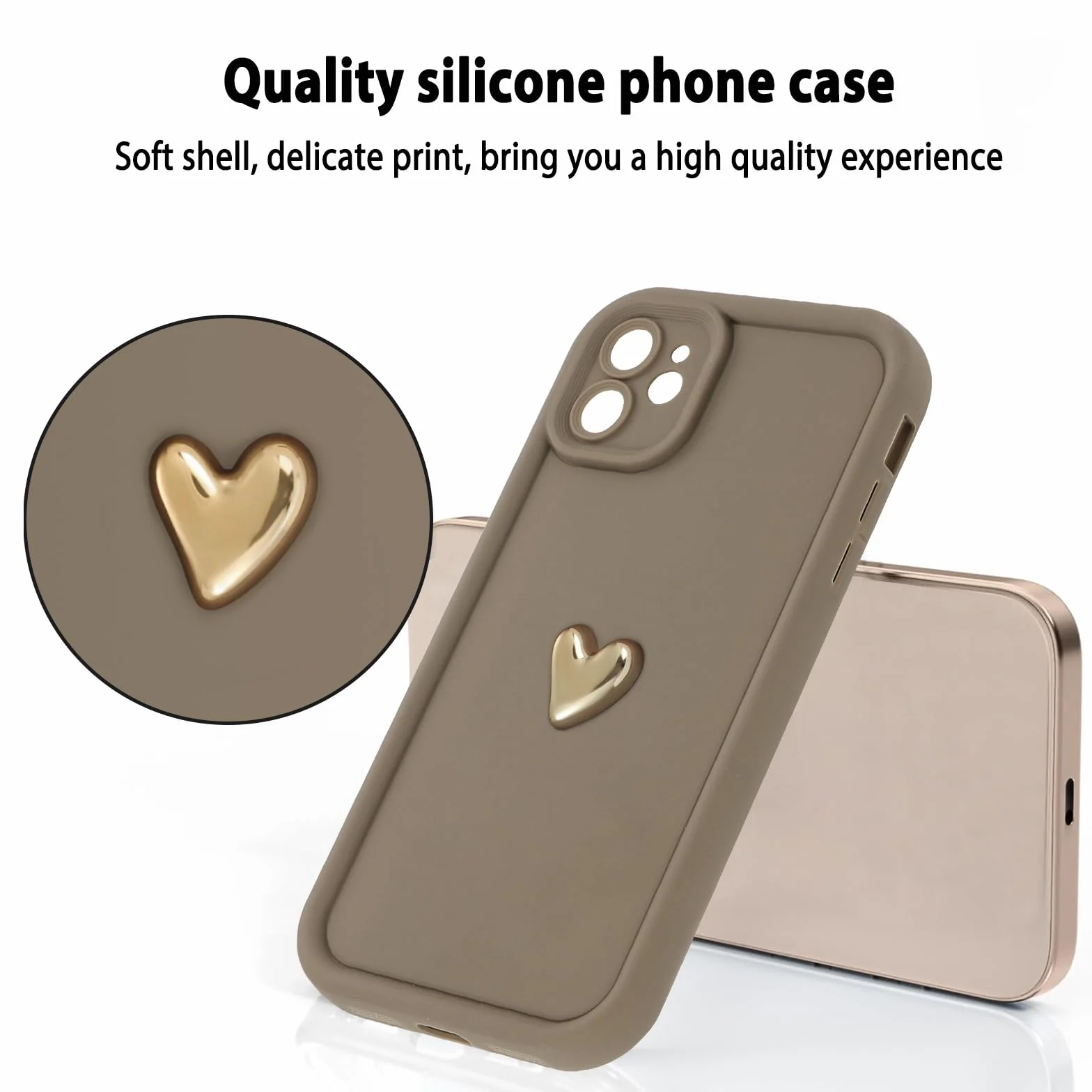 Kueqeay Etui ze smyczą do iPhone'a 11 6,1 cala, miękki silikon estetyczny wzór miłość 3D wzory, uniwersalny regulowany naszyjnik, odporny na wstrząsy futerał ochronny na aparat, brązowy