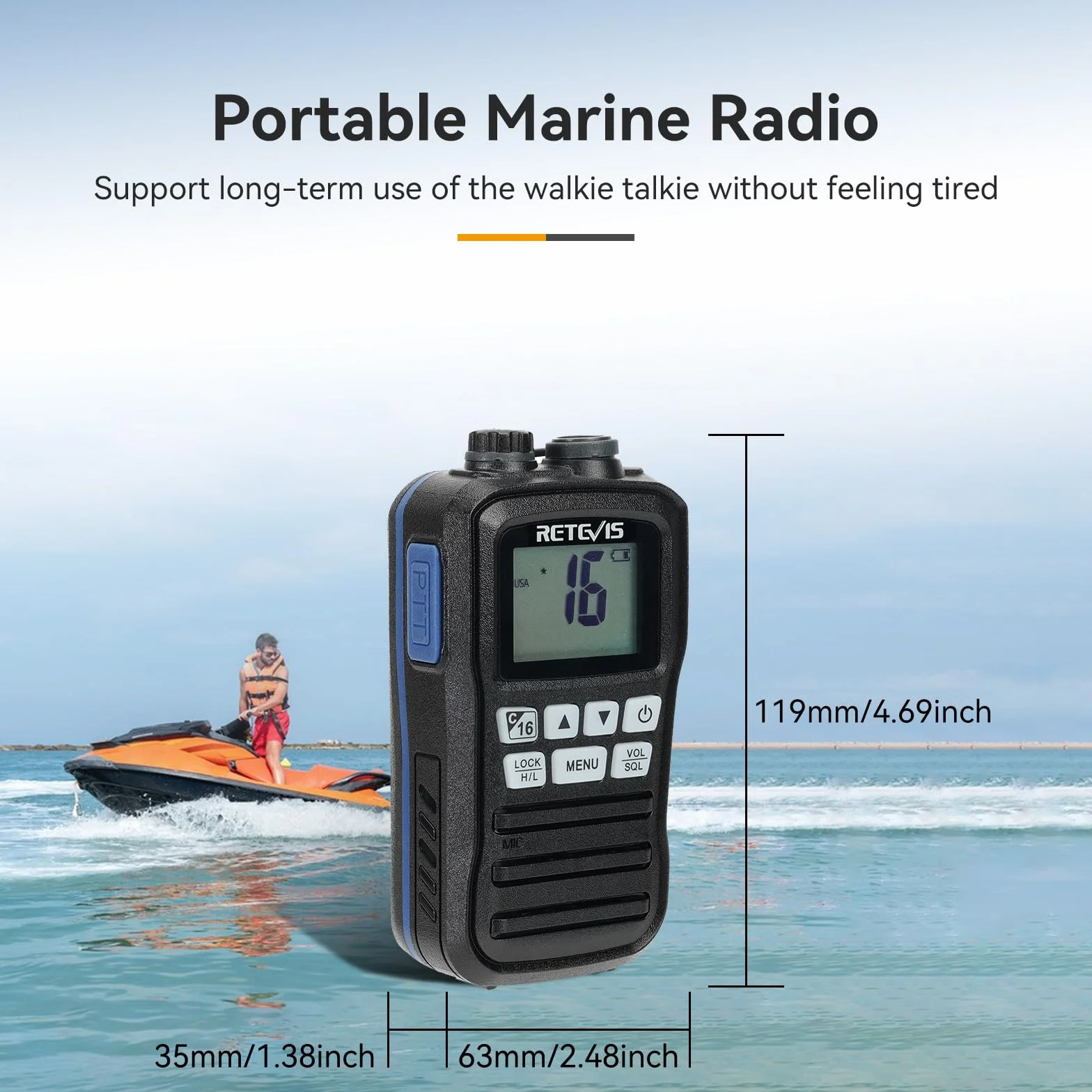 Retevis RM01 VHF Marine Radio, Wodoodporne Walkie-Talkie IP67, Wibracje, Pływający, Akumulator, Przenośne Radio ze Słuchawką do Kajakarstwa, Wędkarstwa, Pływania (Czarny, 1 Szt)