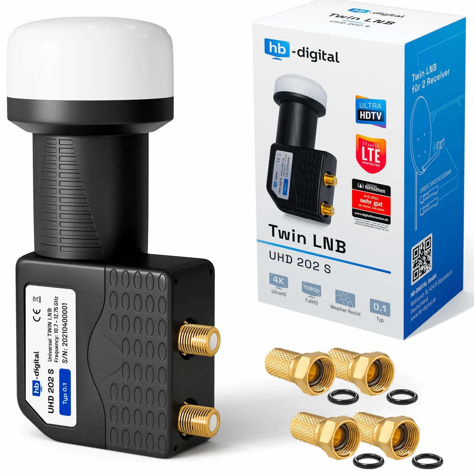 hb-digital Twin LNB - test bardzo dobry* - dla 2 uczestników filtr LTE 2-krotny Full HD 4K 0,1 dB z ochroną przed warunkami atmosferycznymi + 4 x wtyczka F do telewizora, odbiornika satelitarnego