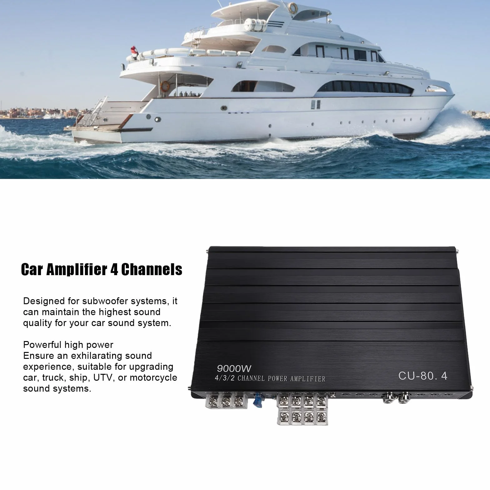 CHICIRIS Wzmacniacz Samochodowy 4-kanałowy Pełnozakresowy Samochodowy Sprzęt Audio Wzmacniacz dla DC 12V Ciężarówki Łodzie UTV i Motocykle System Audio