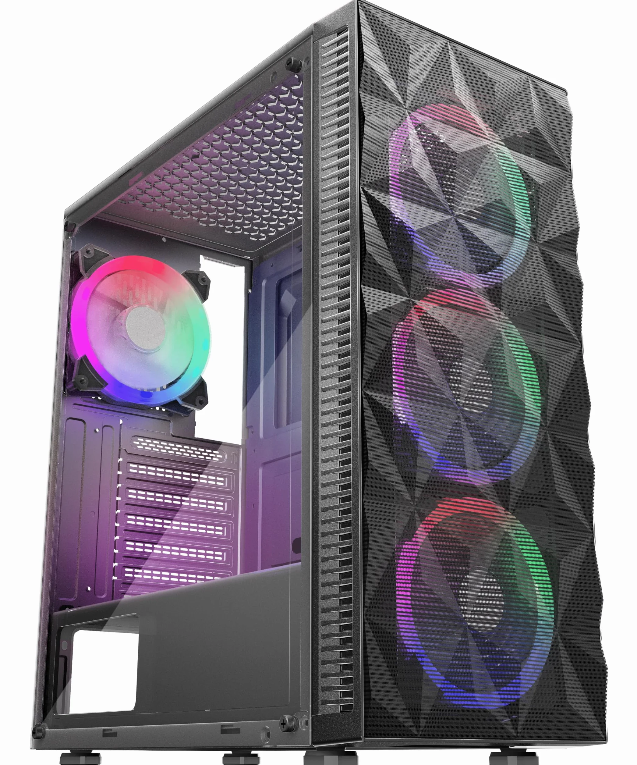 MOROVOL Obudowa PC wstępnie zainstalowana 4 wentylatory RGB, obudowa na komputer do gier ATX z przednią siatką w kształcie rombu i bocznym panelem ze szkła hartowanego, obudowa USB 3.0 Airflow Mid