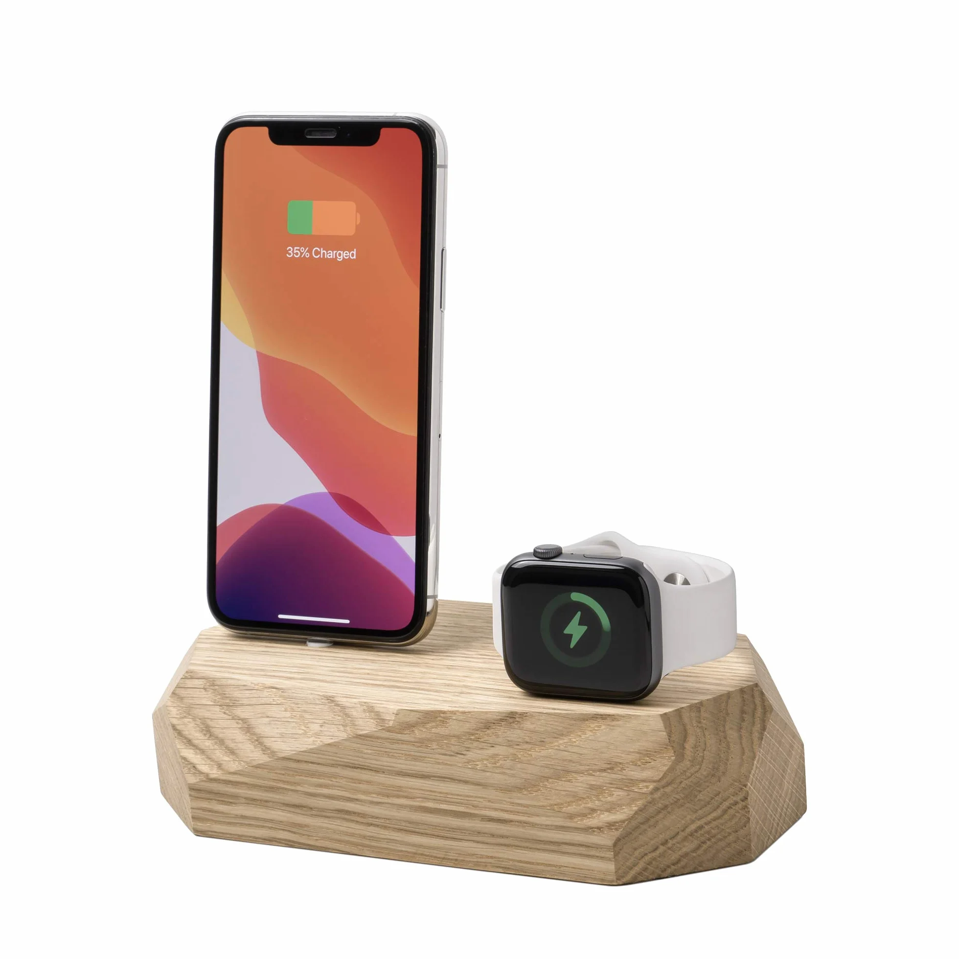 Oakywood - 2w1 Stacja dokująca z drewna kompatybilna z Apple Watch, kompatybilna z iPhone - Podwójna stacja ładująca, w zestawie 1 x złącze Lightning USB-A - Combo Dock - Dąb