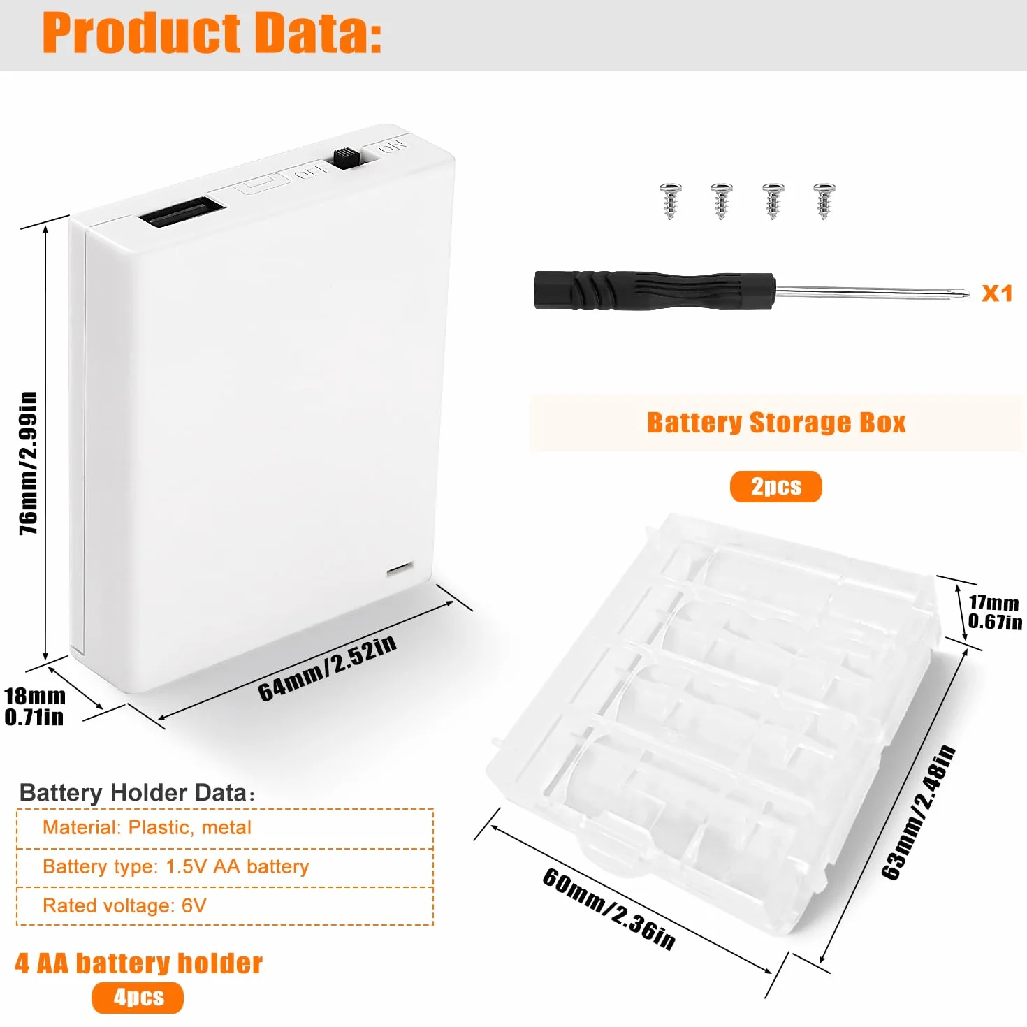 4 Sztuk 4 x 1.5V AA Uchwyty na Baterie, AA 6V Battery Storage Box z Wbudowany Gniazdem Żeńskim USB i Przełącznikiem ON/OFF i Pokrywą, z 2 Sztuk Plastikowym Pojemnikiem na Baterie, Biały