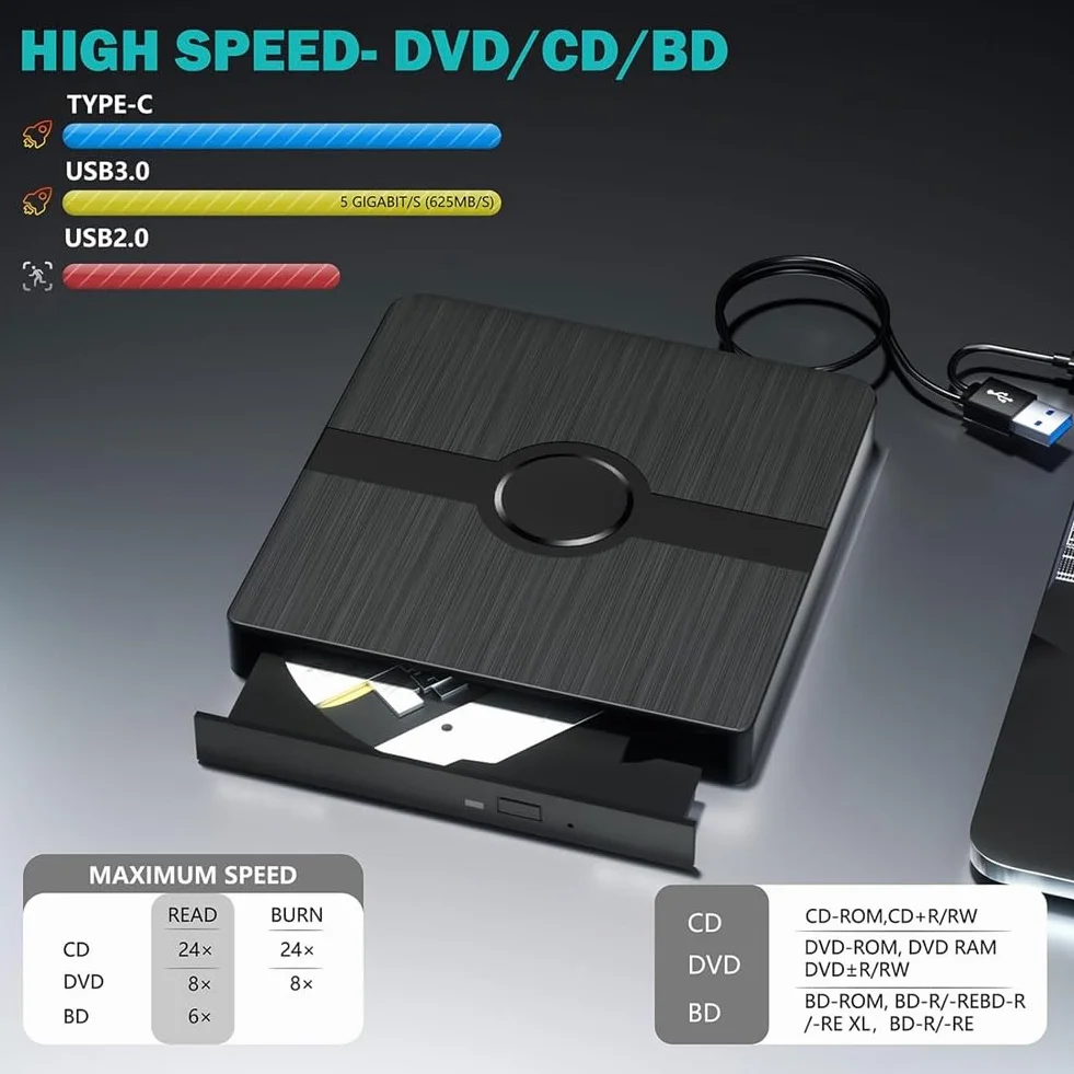 Zewnętrzny napęd Blu-Ray, odtwarzacz CD/DVD z funkcją odczytu/zapisu przenośny odtwarzacz Blu-Ray do laptopa PC Win10