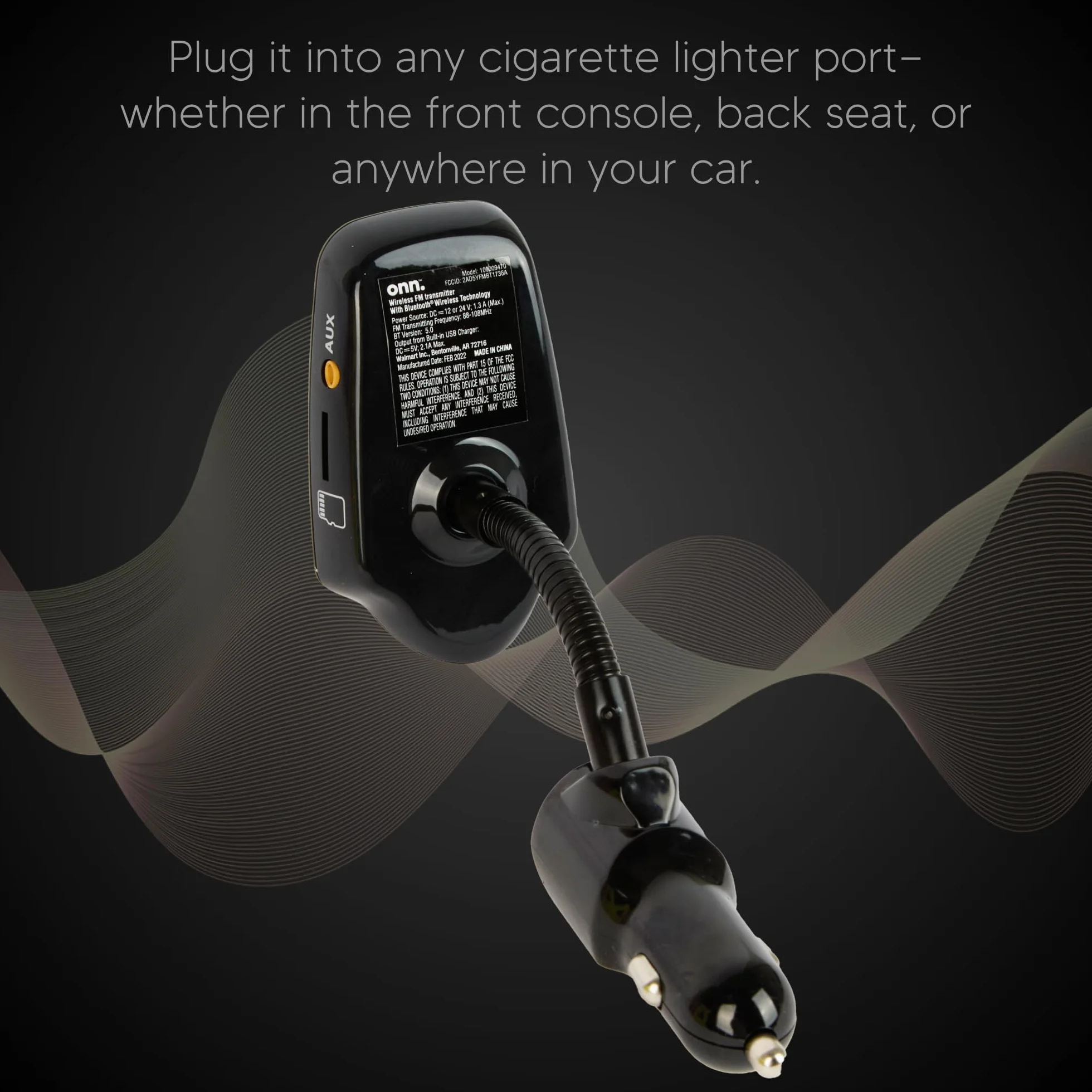 ONN Upgraded 2025 Car Bluetooth FM Transmitter – 1.44" Display, Flexible Gooseneck, Hands-Free Calls, Wireless Music Player, Radio Adapter, USB Charger, Micro SD Card & AUX Support