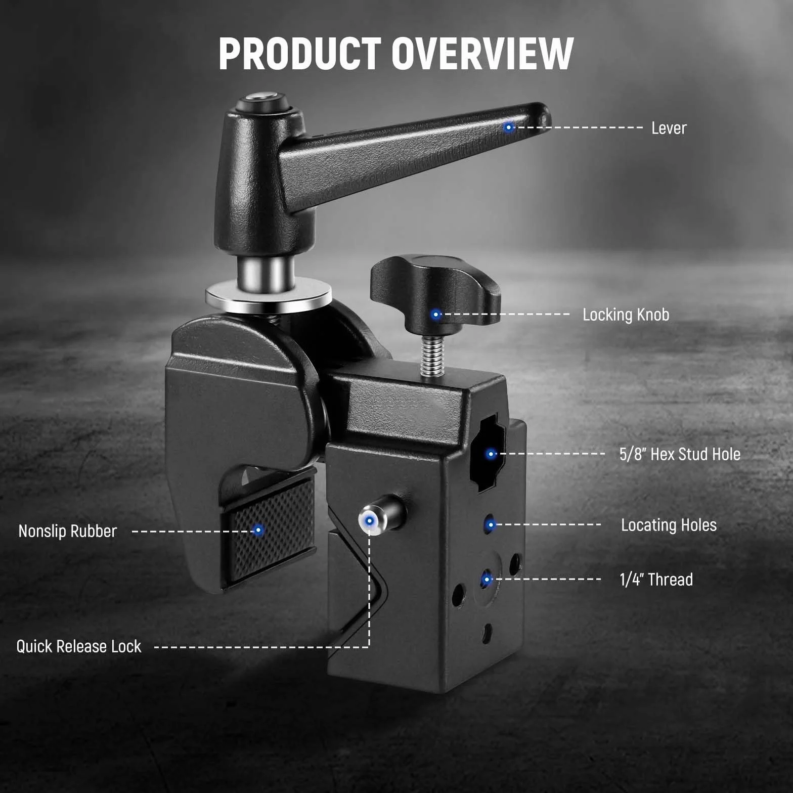 NEEWER Super zacisk z bolcem 5/8", zamknięcie sprężynowe, uchwyt szczękowy Heavy Duty Crab Pole Clamp do okrągłych rur, płaska powierzchnia, do studia fotograficznego, montażu oświetlenia, maks