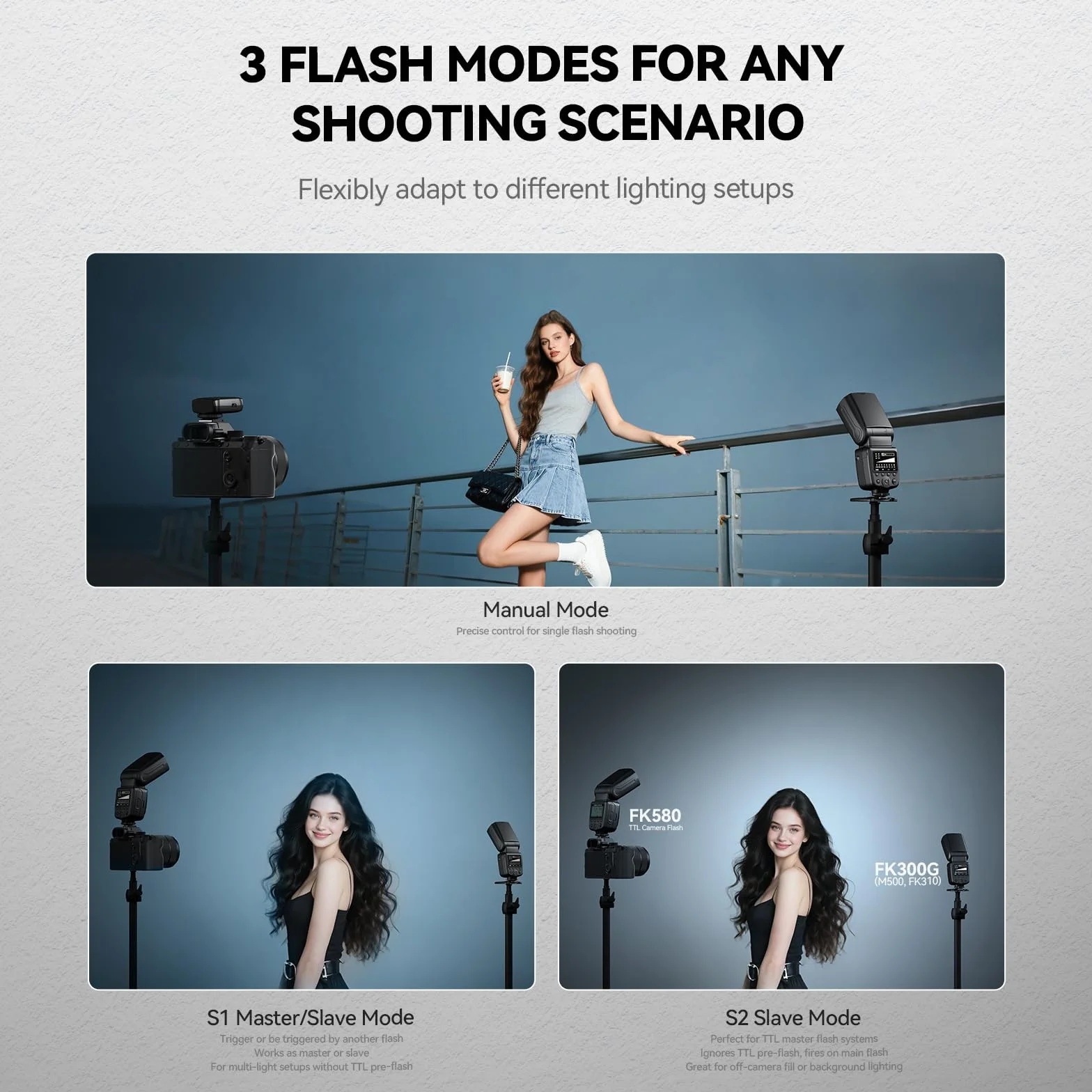 PHOTOOLEX FK300G Lampa błyskowa Speedlite GN33 z wyzwalaczem | Uniwersalna stopka do butów Canon, Nikon, Sony, Fuji. Bezprzewodowe 2,4 G, 8 poziomów mocy, tryby M/S1/S2