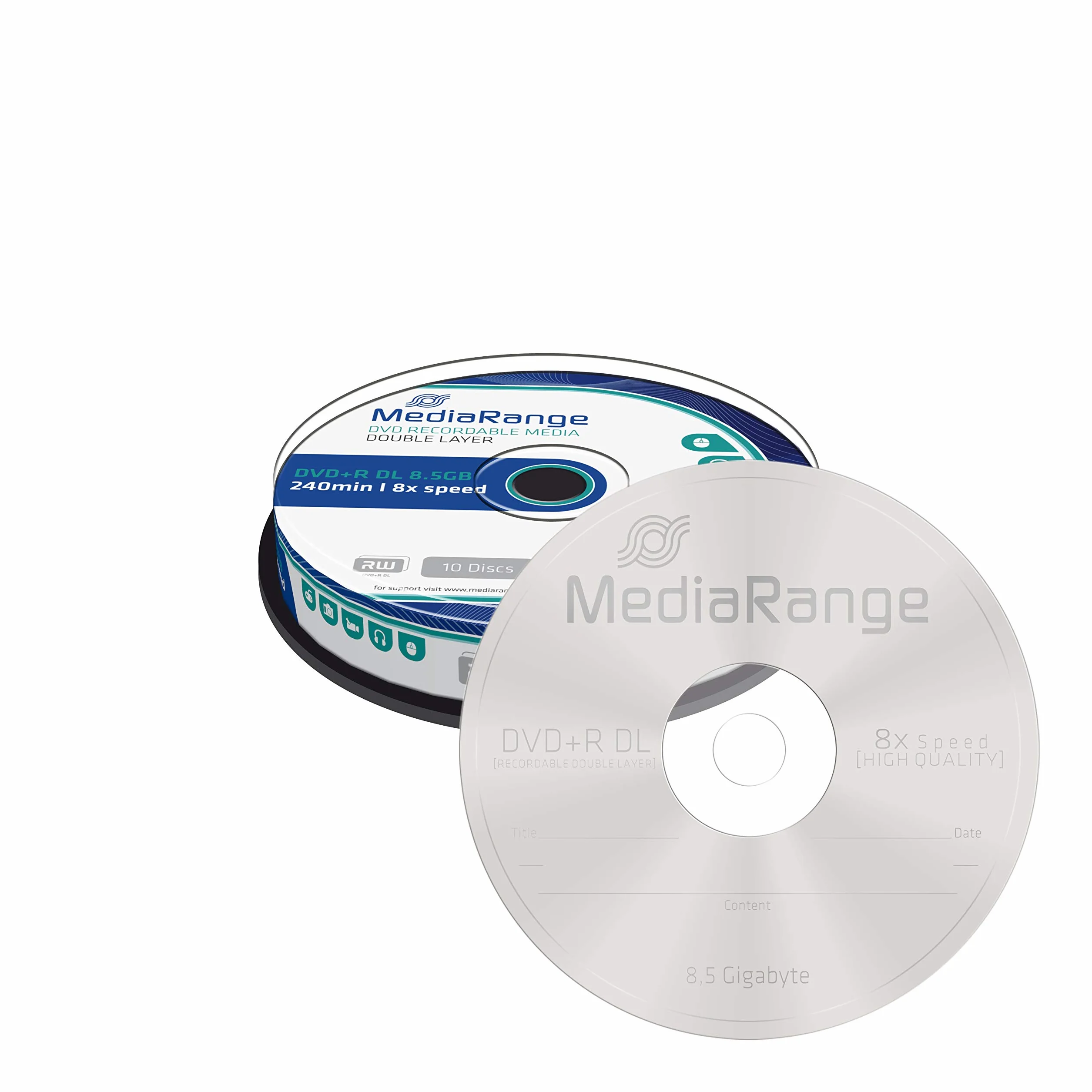 Mediarange MR466 Puste Nośniki DVD+R 8,5 GB 8x Speed, Wielokolorowy, 10 sztuk