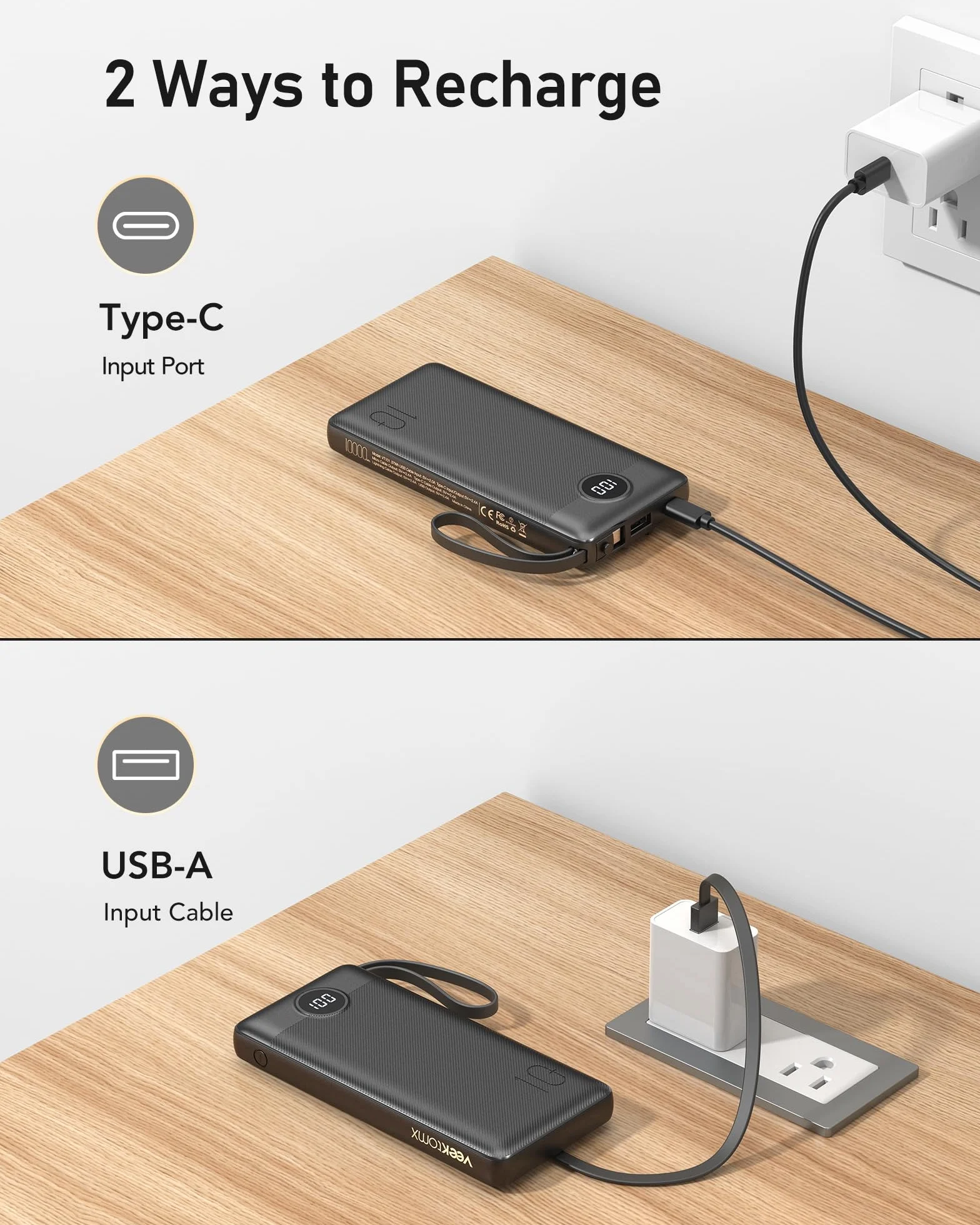 VEEKTOMX Power Bank 10000mAh Powerbank z wbudowanymi kablami, przenośna ładowarka USB C 2.4A szybkie ładowanie przenośna ładowarka z 5 wyjściami i wyświetlaczem LED do iPhone'a 15 pro/iPad/Galaxy S22