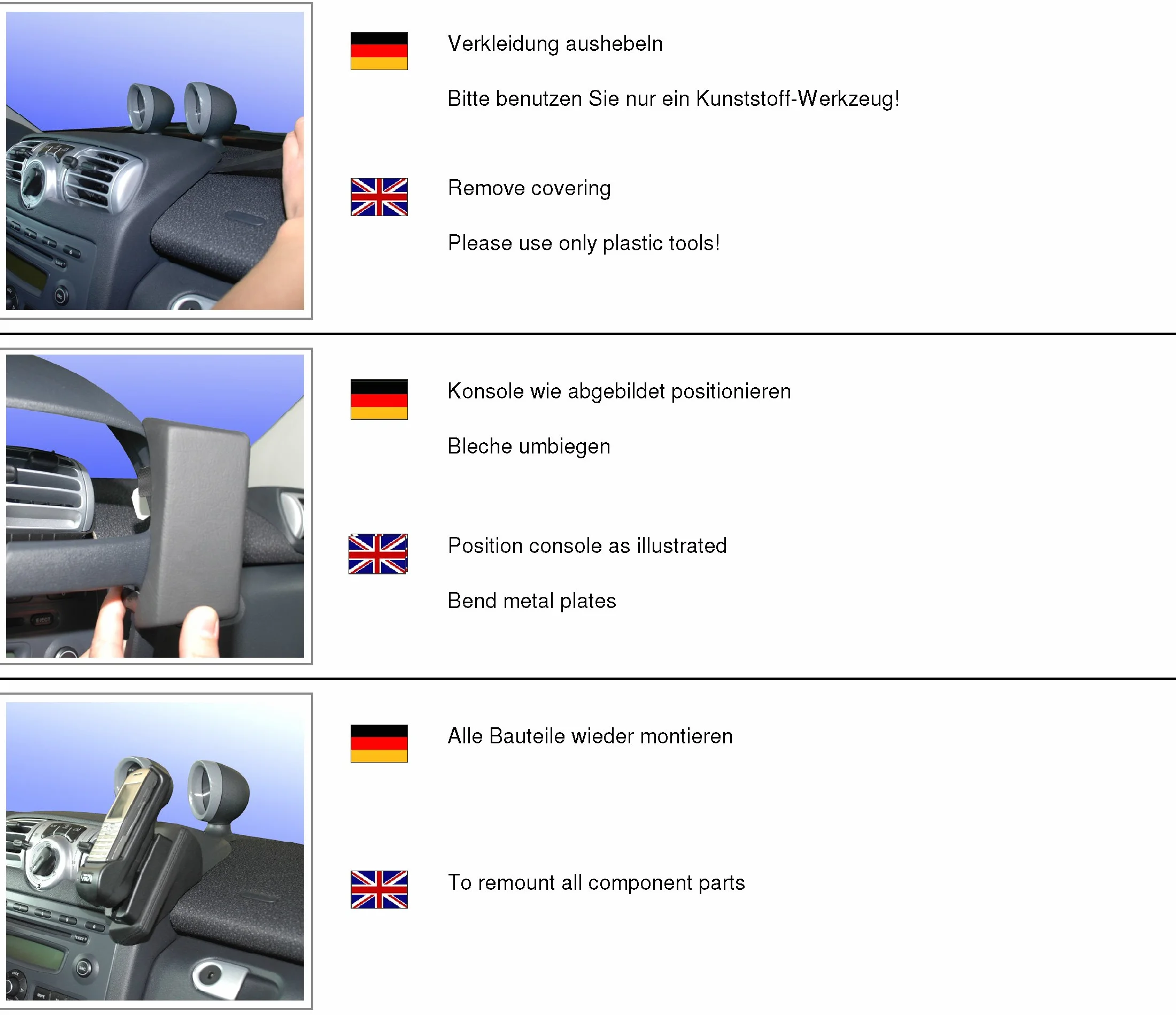 KUDA Uchwyt na telefon komórkowy pasujący do Mercedes Benz Smart Fortwo od 04/2007 do 09/2010 - konsola telefoniczna do smartfonów, telefonów komórkowych, nawigacji i innych – konsola z prawdziwej