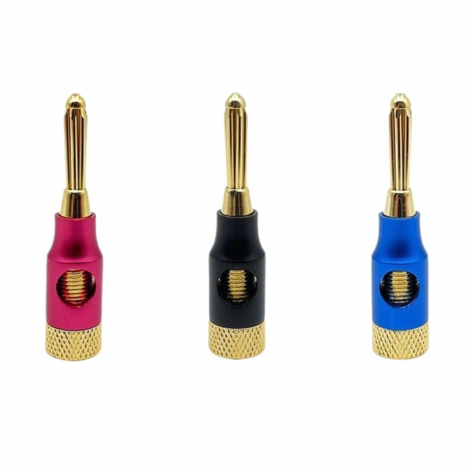 Wtyk bananowy z metalu, 4 mm, wtyk bananowy z czystej miedzi, pozłacany czystym złotem, głośnik do kabli audio i wideo, banany bez lutowania, możliwość układania w stos z boku, 4 sztuki