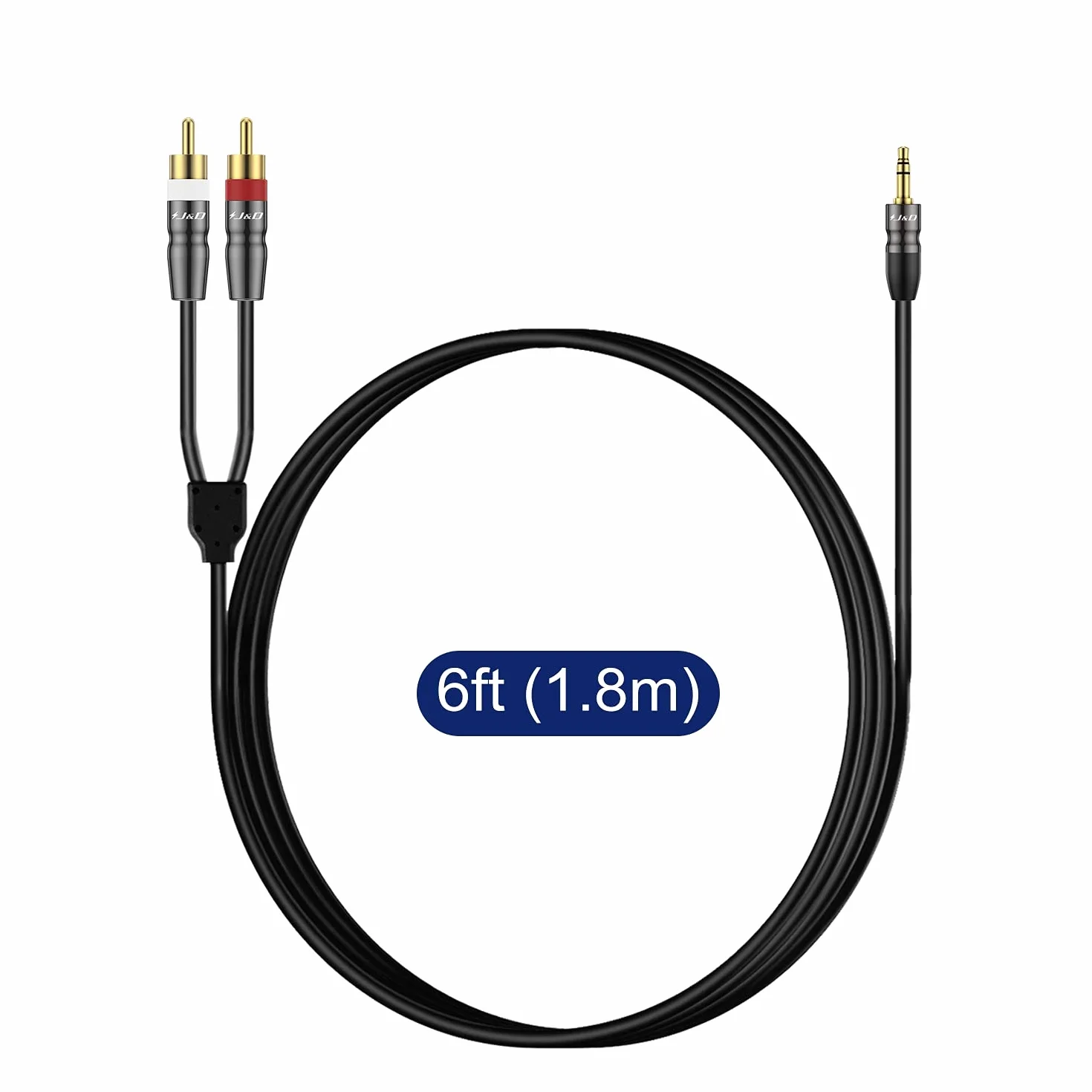 J&D Kabel Jack 3,5 mm do 2 RCA Cinch, Stereo Audio AUX, 3,5 mm Męski do 2 x RCA Męski, Pozłacane Złącza, Solidna Miedziana Obudowa, do Smartfona, Tabletu, MP3, Głośników, 1,8 m