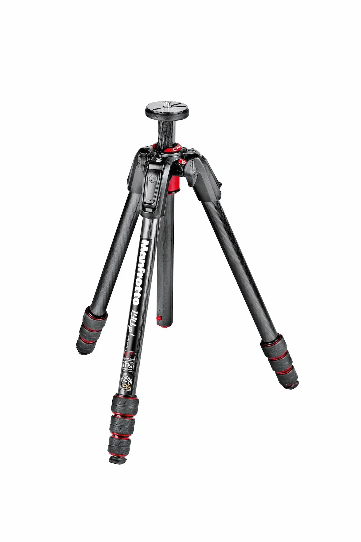 Manfrotto MT190GOC4 zestaw 190 włókno węglowe 4 sekcje aluminiowy statyw do aparatu, system szybkiego blokady zasilania. Made in Italy, do DSLR, CSC, bezlusterkowy czarny