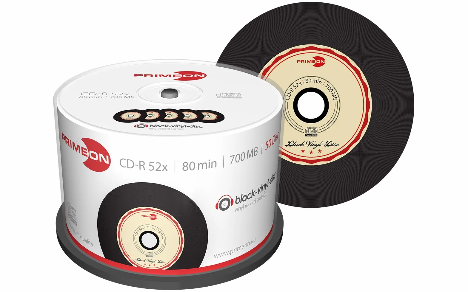 Primeon CD-R 80 min/700 MB/52 x pudełko na ciasto (50 dysków), czarna płyta winylowa, czarna, beżowa, czerwona, 700 MB
