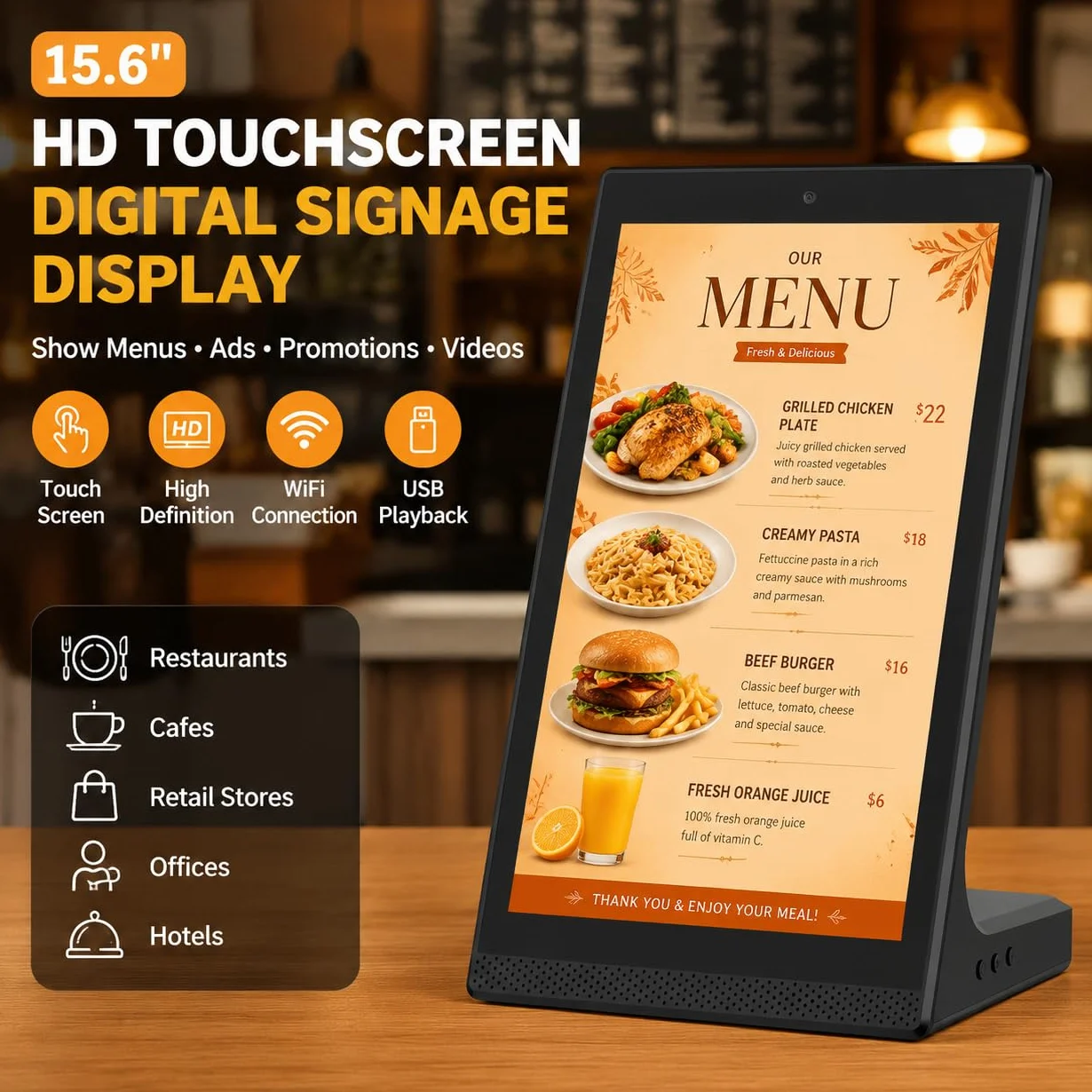 Cyfrowa tablica menu z ekranem dotykowym 15,6 cala do restauracji – wyświetlacz Digital Signage z łącznością Wi-Fi i USB, do prezentacji menu kawiarni i celów biznesowych