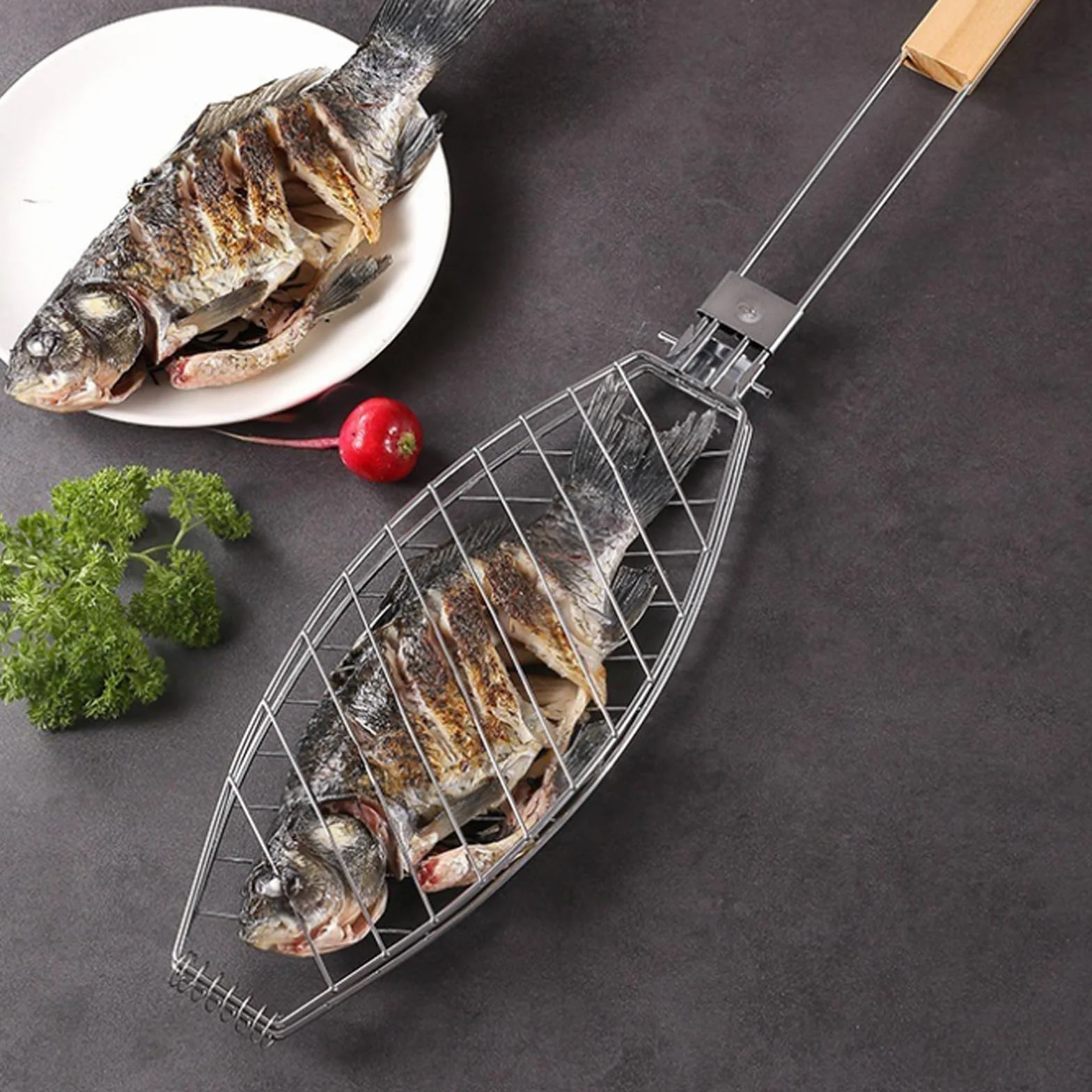 Drewniany uchwyt do grillowania 3 sztuki 63x12 cm pojemnik na ryby szczypce kosz BBQ