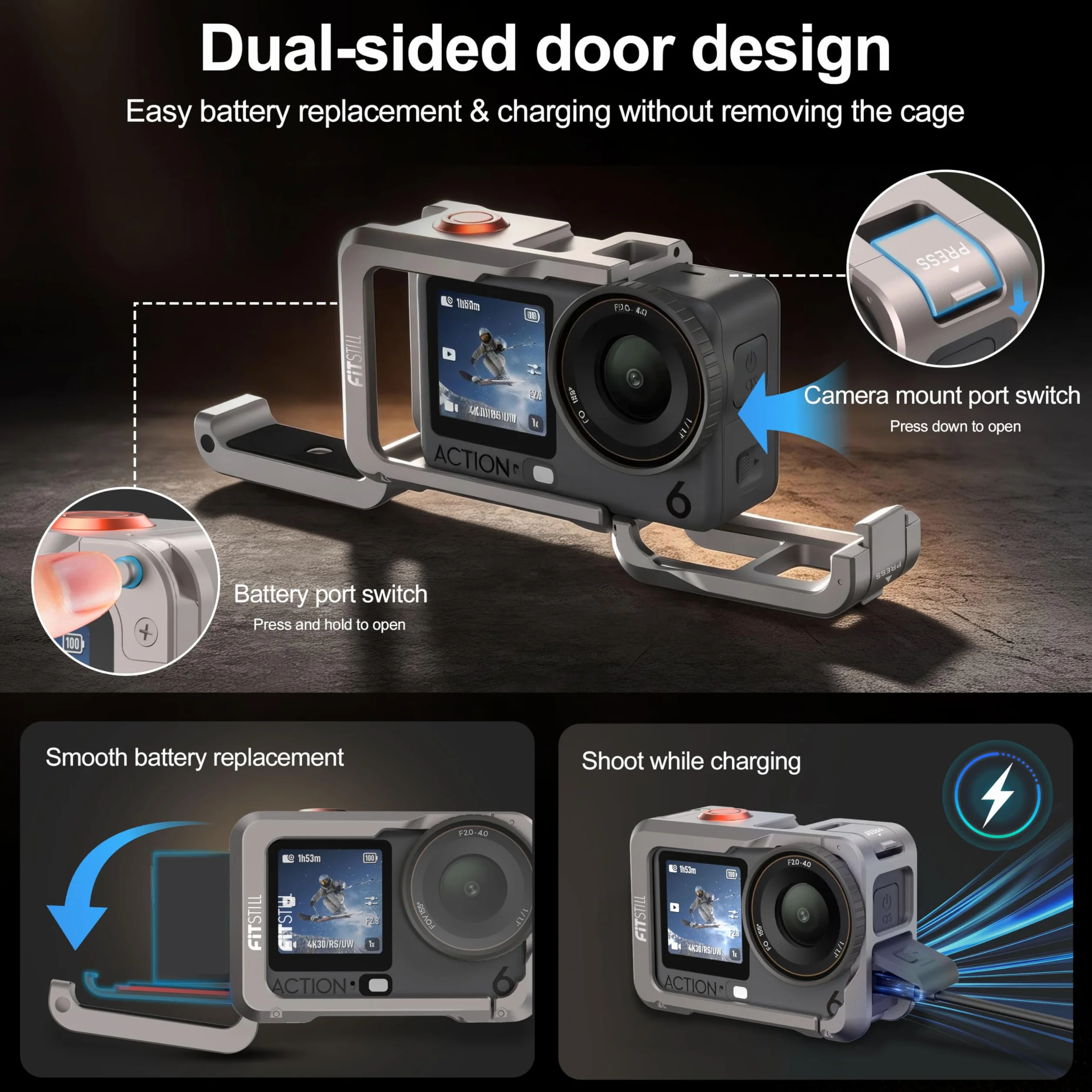 FiTSTILL Metalowa obudowa ochronna do DJI Osmo Action 6, wielofunkcyjna rama ochronna, metalowa obudowa z szybkim zapięciem, śruba 1/4" i stopka błyskowa, akcesoria do Action 6