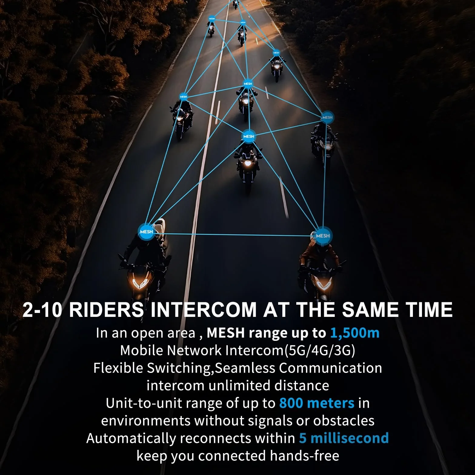 X10 kask motocyklowy zestaw słuchawkowy Bluetooth, 10 Riders Mesh 4.0, interkom motocyklowy, systemy komunikacji z udostępnianiem muzyki, podwójna redukcja szumów, asystent głosowy, IP67