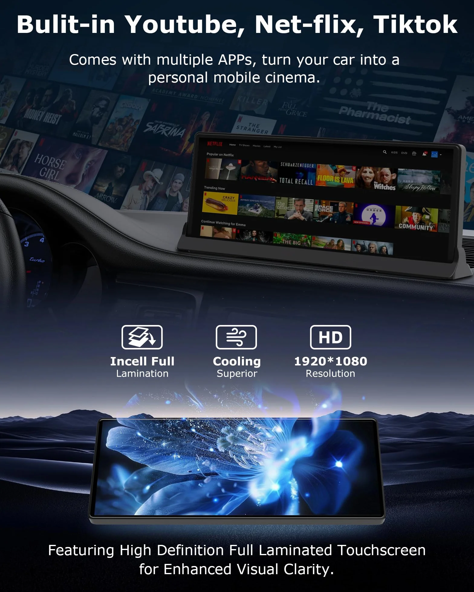 Ekran 4 w 1 do samochodu Carplay Android Auto Avec You.tube/Net.flix/Tik.tok | Obsługa Exclusif 10,26 Pouces Android Auto Display radio samochodowe do samochodu, z kamerą Recul Wi-Fi dwupasmowy, Bluetooth