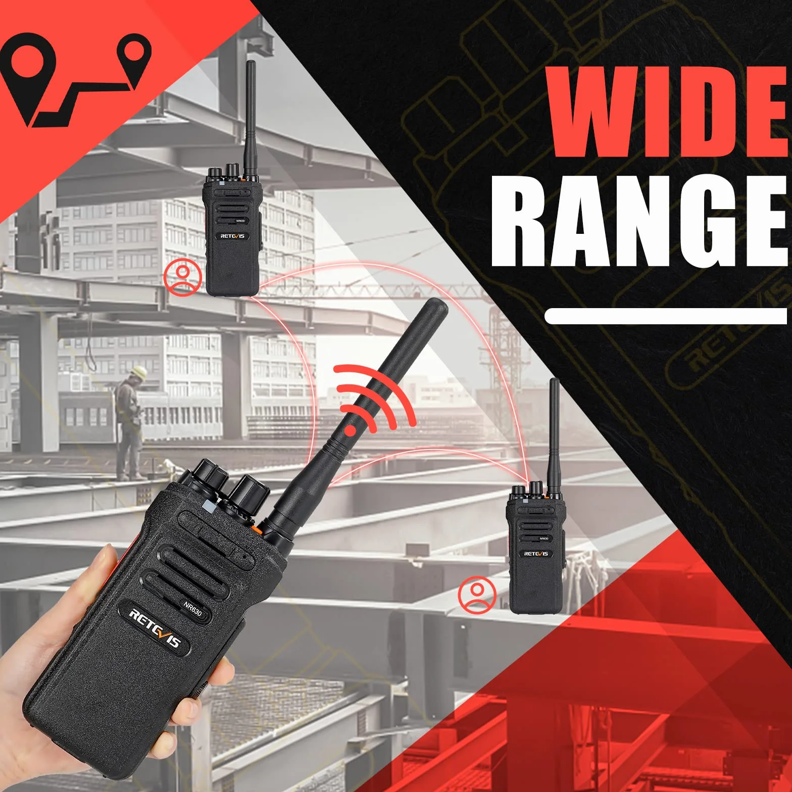 Retvis NR630 Walkie Talkie dla Dorosłych, Długi Zasięg, IP67 Waterproof 2 -Way Radio, Anulowanie Szumów, Połączenie Grupowe, 2800 mAh Walkie Talkie na Plac Budowy, Wykonawca (czarny, 3PC)
