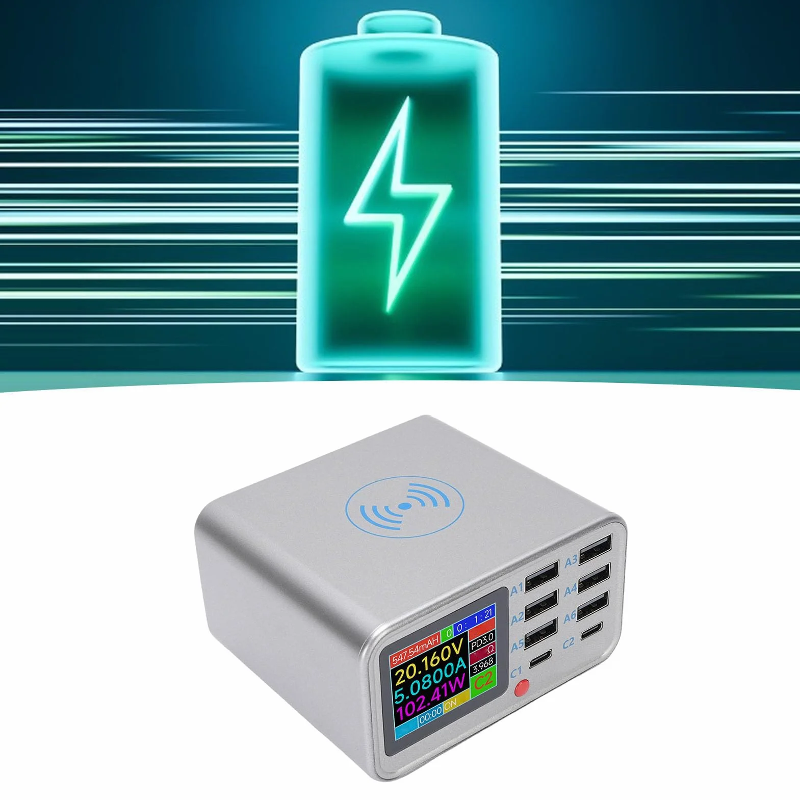 Bewinner 100 W, Mocna, 8-portowa Stacja ładująca USB z bezprzewodową podkładką, Stacja Szybkiego ładowania QC3.0 PD do Telefonów, Tabletów, urządzeń (wtyczka UE)