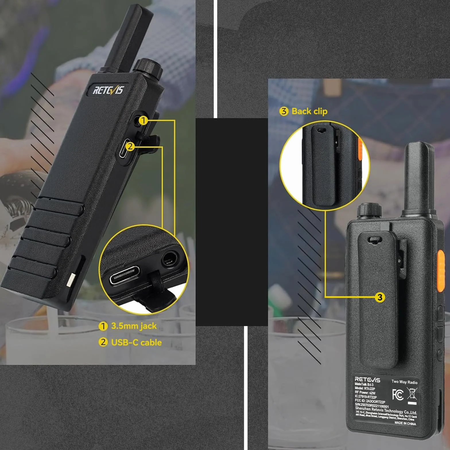Retevis RT622P Walkie Talkie Mini, 15mm Ultra-cienki, USB-C Akumulator Krótkofalówka 1620mAh Bateria, VOX, Profesjonalna Restauracja Walkie Talkie Przenośne ze Słuchawkami (4 Szt., Czarny)