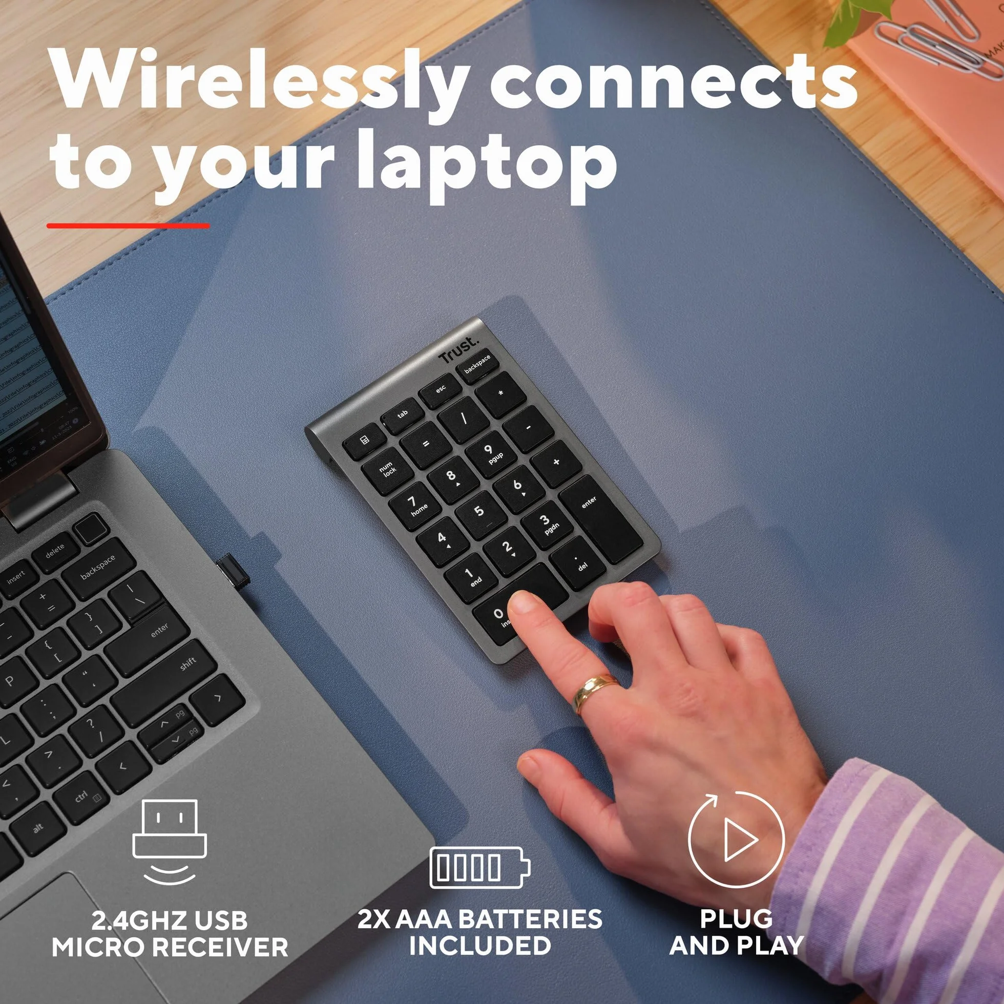 Trust Xalas Numpad bezprzewodowy do laptopa i komputera stacjonarnego, 22 przyciski, mini klawiatura, odbiornik micro USB 2,4 GHz, klawiatura numeryczna, klawiatura numeryczna, srebrna