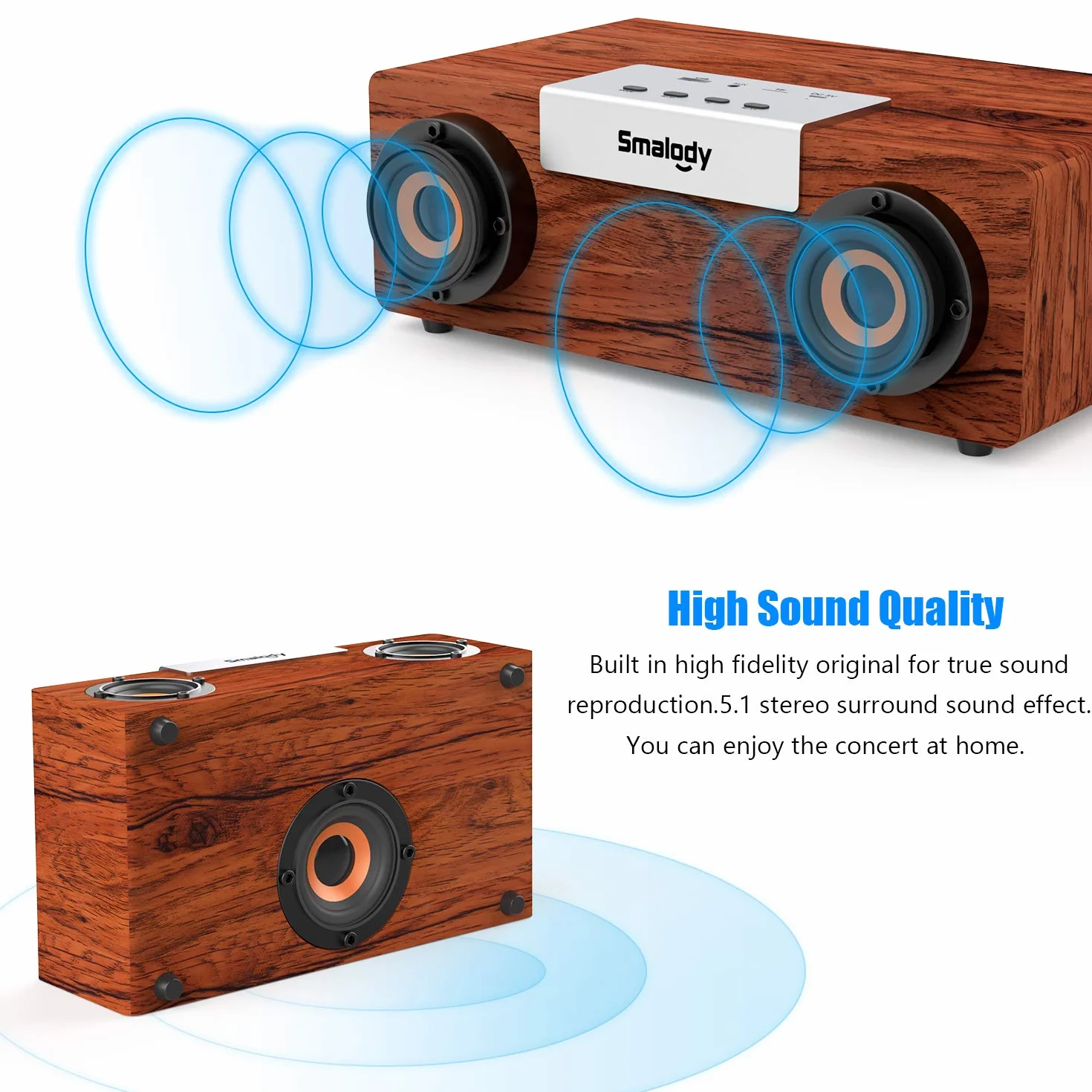 Shocking Bass Głośnik Bluetooth, Smalody Potężny 50W 2.1HD Stereo Subwoofer Drewniane bezprzewodowe przenośne głośniki na zewnątrz/do gier/komputera/telefonu/laptopa/projektora