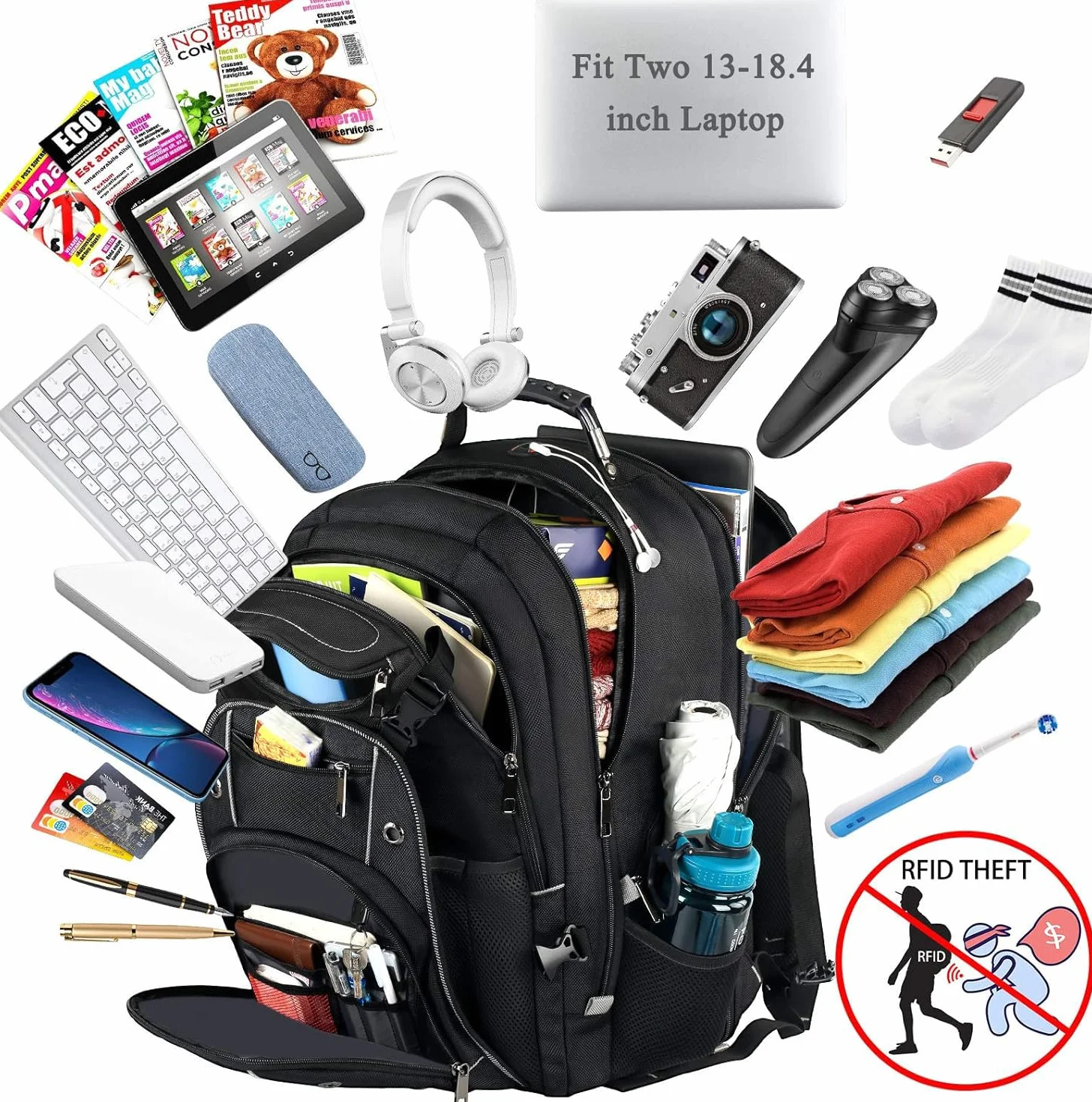 VECKUSON Plecak na laptopa 18,4 dla obu płci, bardzo duży plecak na laptopa do gier 60 l z portem ładowarki USB, zatwierdzony przez TSA i kieszenią antykradzieżową RFID, wytrzymały pakiet, 54 x 40 x