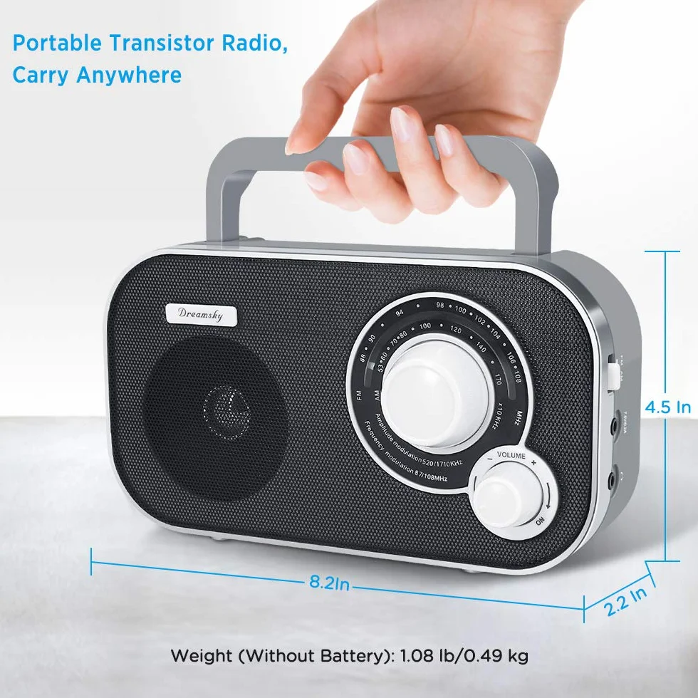 DreamSky Przenośne radio AM FM z doskonałym odbiorem, radio, zasilane bateryjnie, gniazdo sieciowe, z gniazdem słuchawkowym, ręczne radio tranzystorowe, małe prezenty dla seniorów w nagłych wypadkach