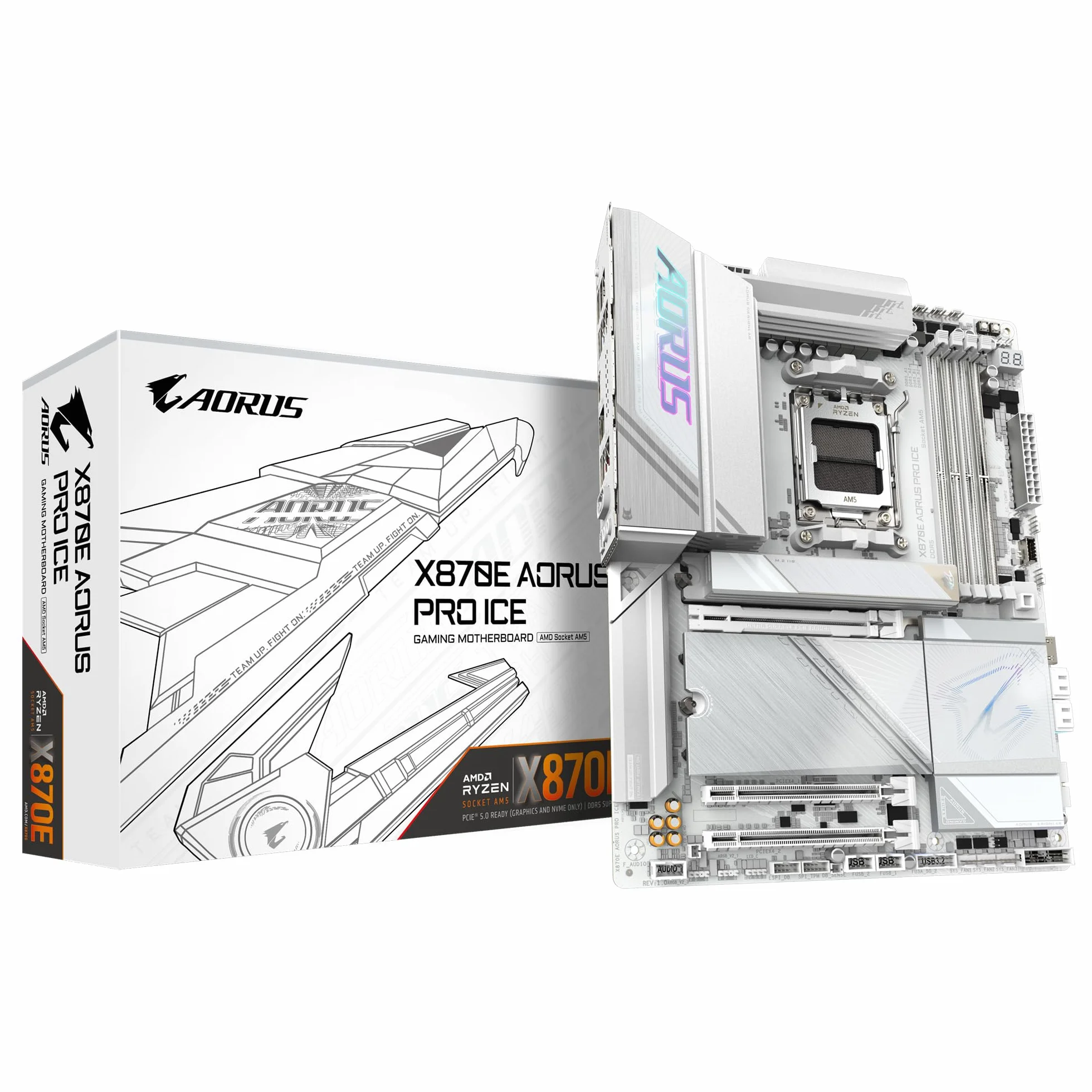 Płyta główna GIGABYTE X870E AORUS Pro Ice - kompatybilna z procesorami AMD Ryzen 9000, 16+2+2-fazowy cyfrowy VRM, do 8000 MHz DDR5 (OC), 3xPCIe 5.0, Wi-Fi 7, LAN 2.5 GbE, USB 4