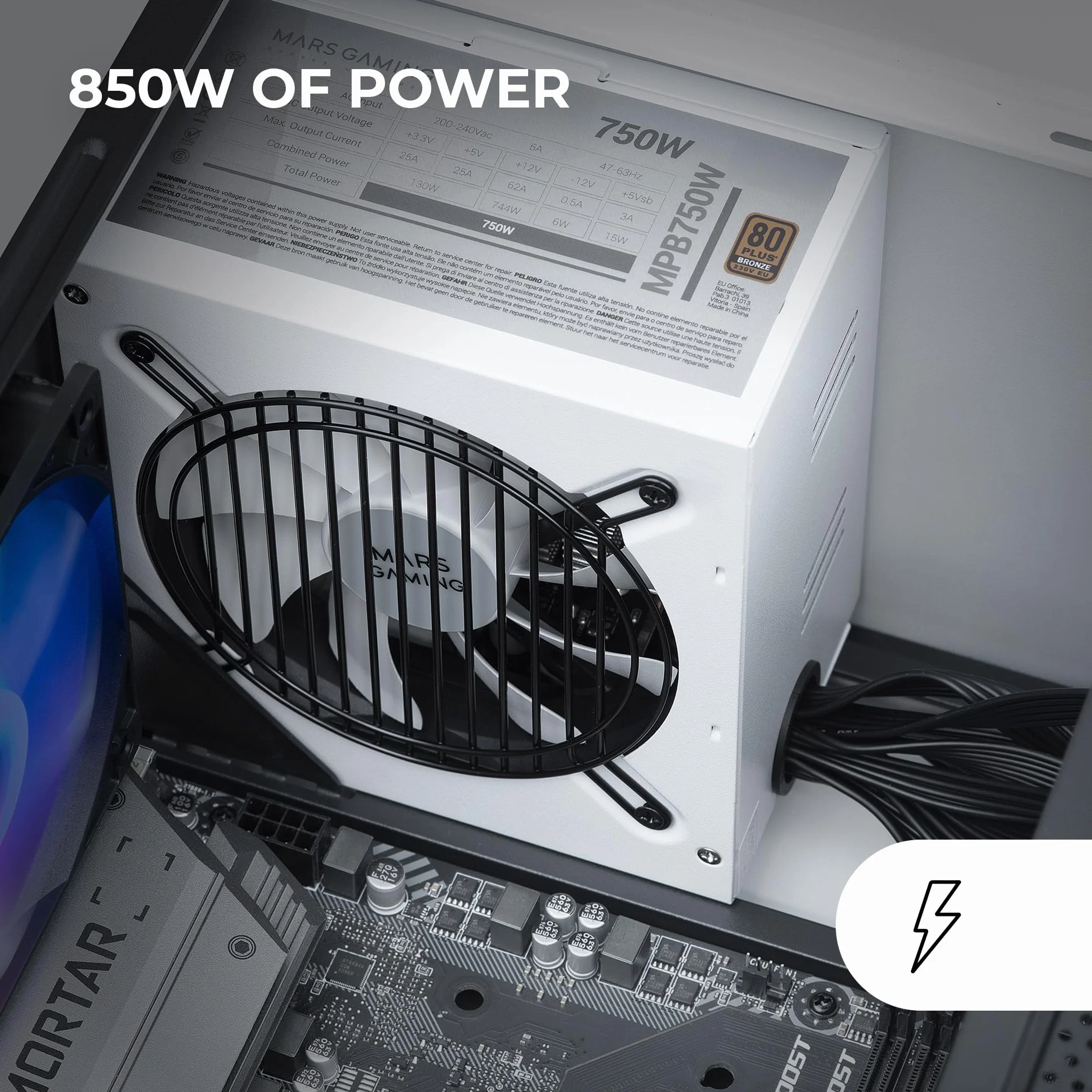 Mars Gaming MPIII850, Zasilacz PC ATX 850W, 5 Lat Gwarancji, 85% Wydajności, System Cyfrowy APFC, Wentylator FDB 120mm AI-RPM, Technologie DC-DC i SMD, Płaskie, Długie Kable, Biały
