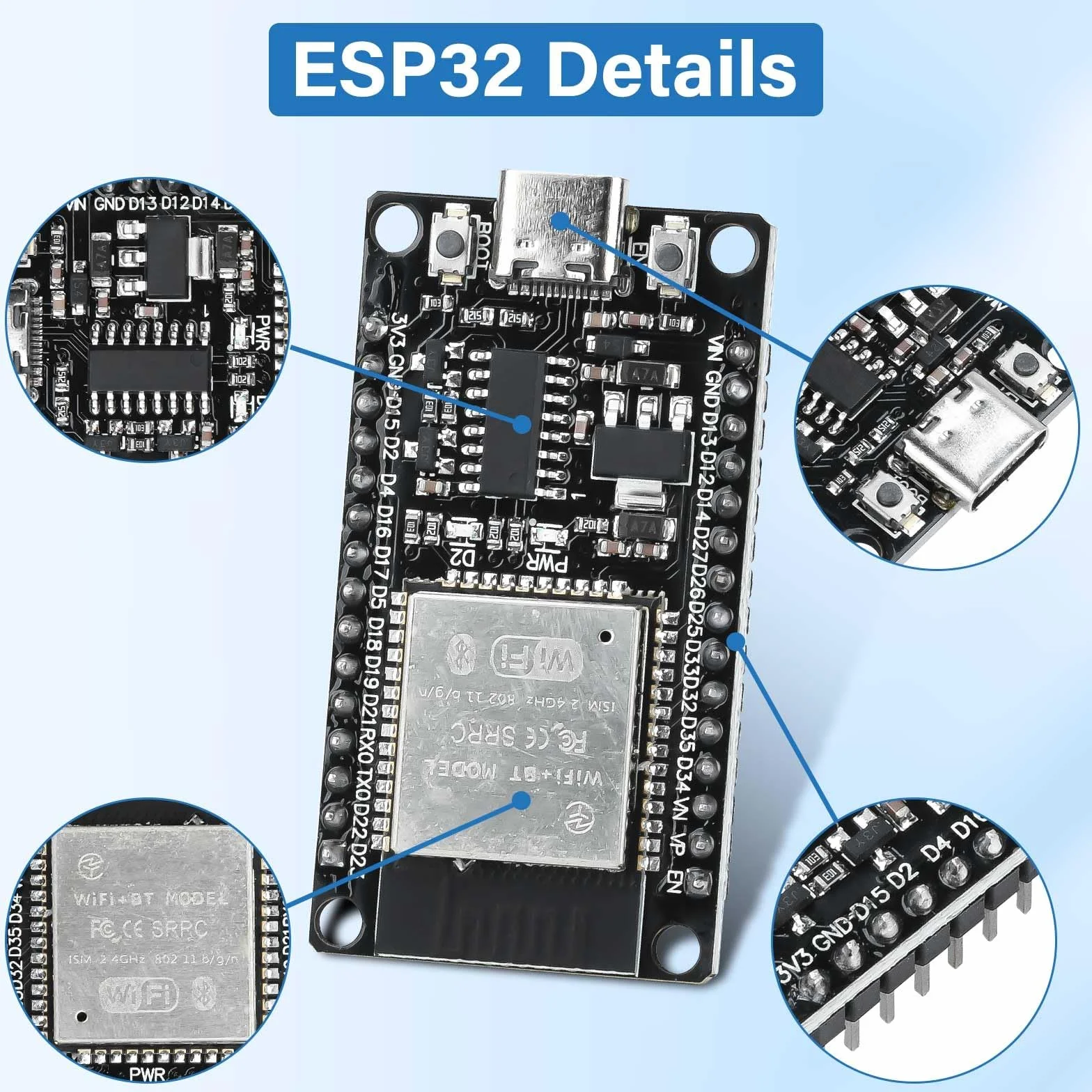 diymore 3 sztuki ESP32 WROOM 32 Nodemcu Development Board ESP32 NodeMCU moduły USB C 2.4 GHz WLAN WiFi Bluetooth CH340 Chip