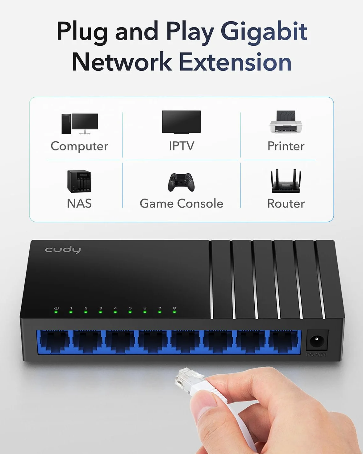 Cudy GS108D Gigabit 8-portowy przełącznik, pulpitowy rozdzielacz Ethernet, bez wentylatora, optymalizacja ruchu, Plug and Play