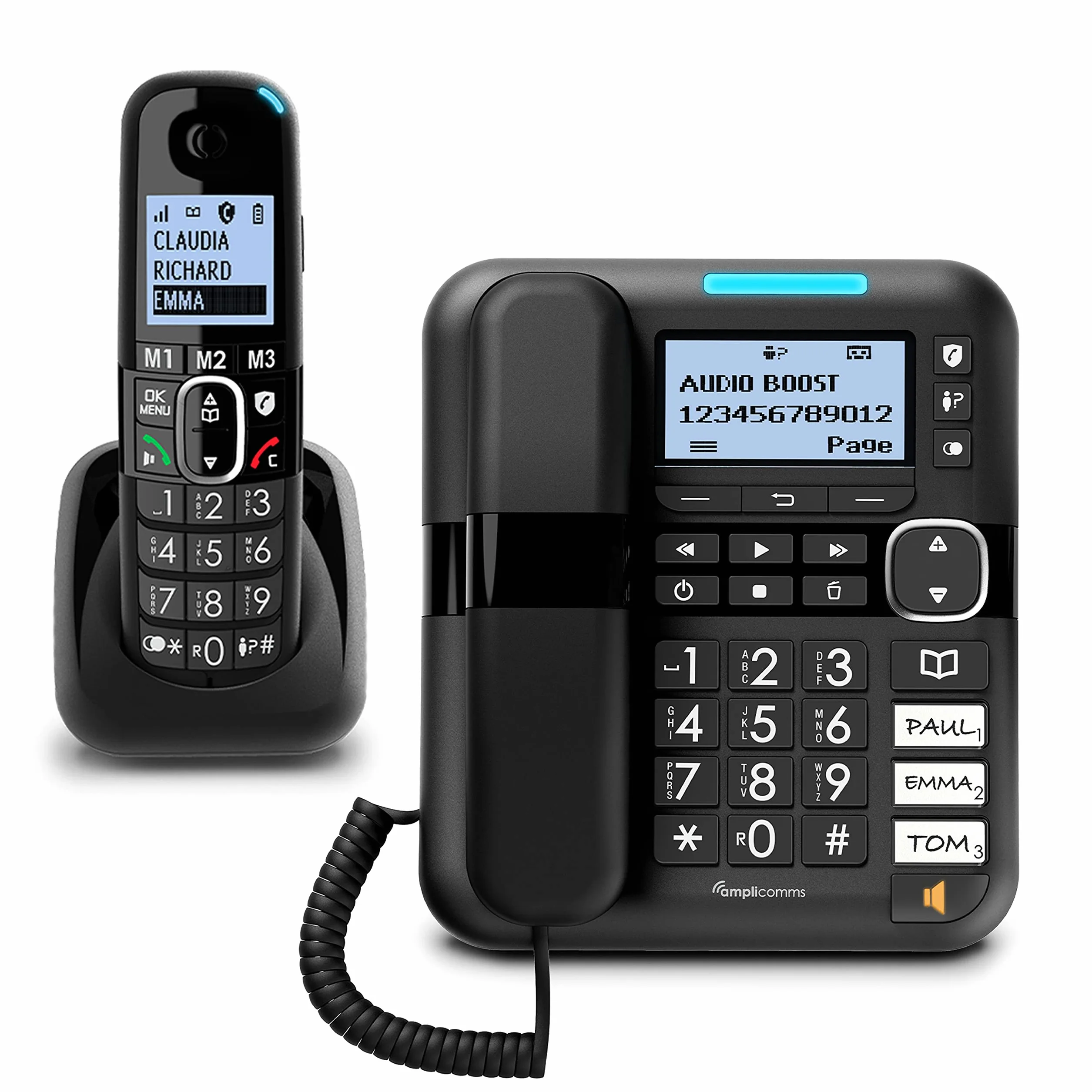 Amplicomms BigTel 1580 Combo, telefon przewodowy z dużymi przyciskami z automatyczną sekretarką i słuchawką bezprzewodową, wzmocnienie dźwięku, mocne dzwonki, kompatybilny z aparatami słuchowymi