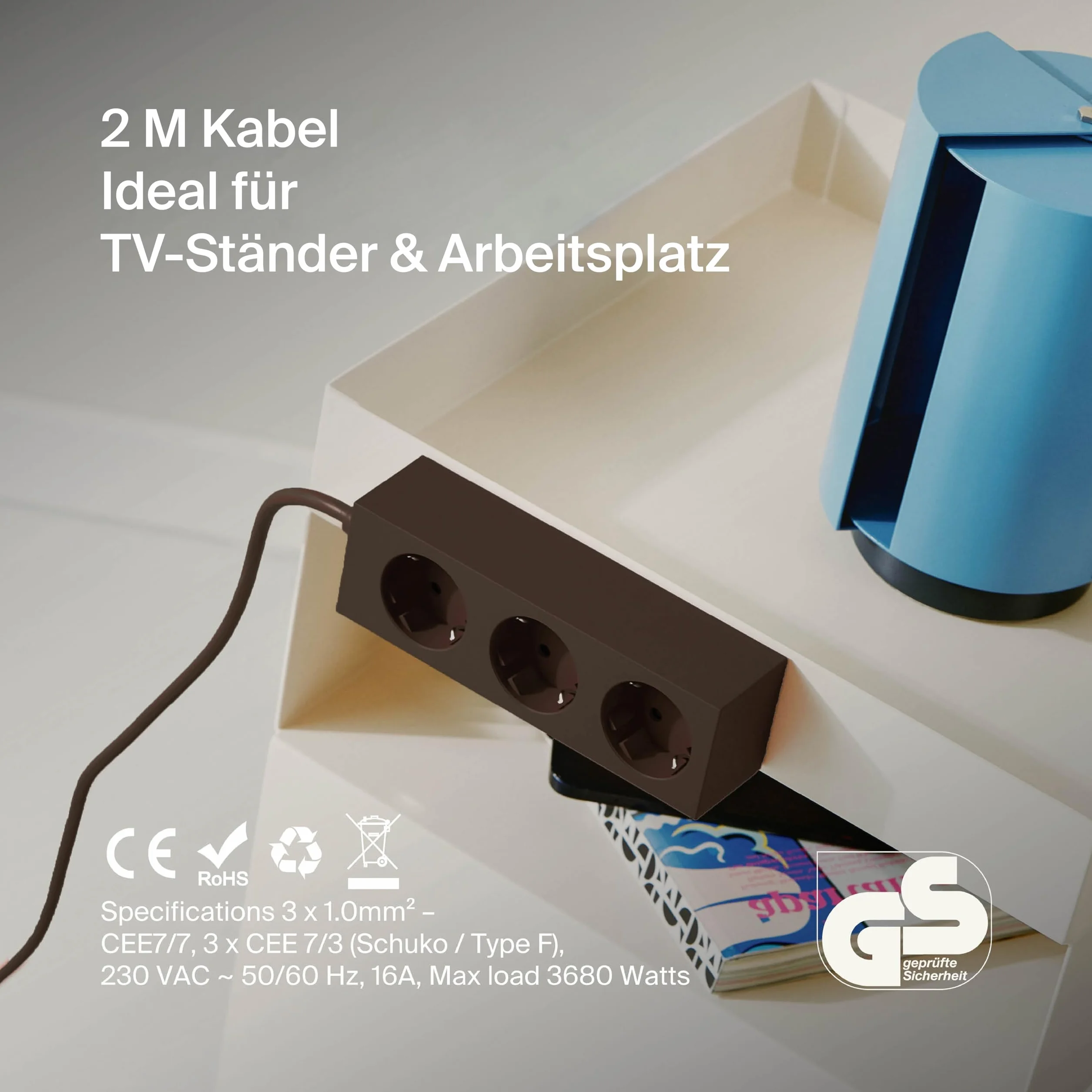Pedestal Power Bar listwa zasilająca 2m z magnetyczną podstawą (czarna) - Praktyczna stylowa listwa zasilająca 3-gniazdowa magnetyczna - Magnetyczna listwa zasilająca 3-gniazdowa - Power Strip 3-Way