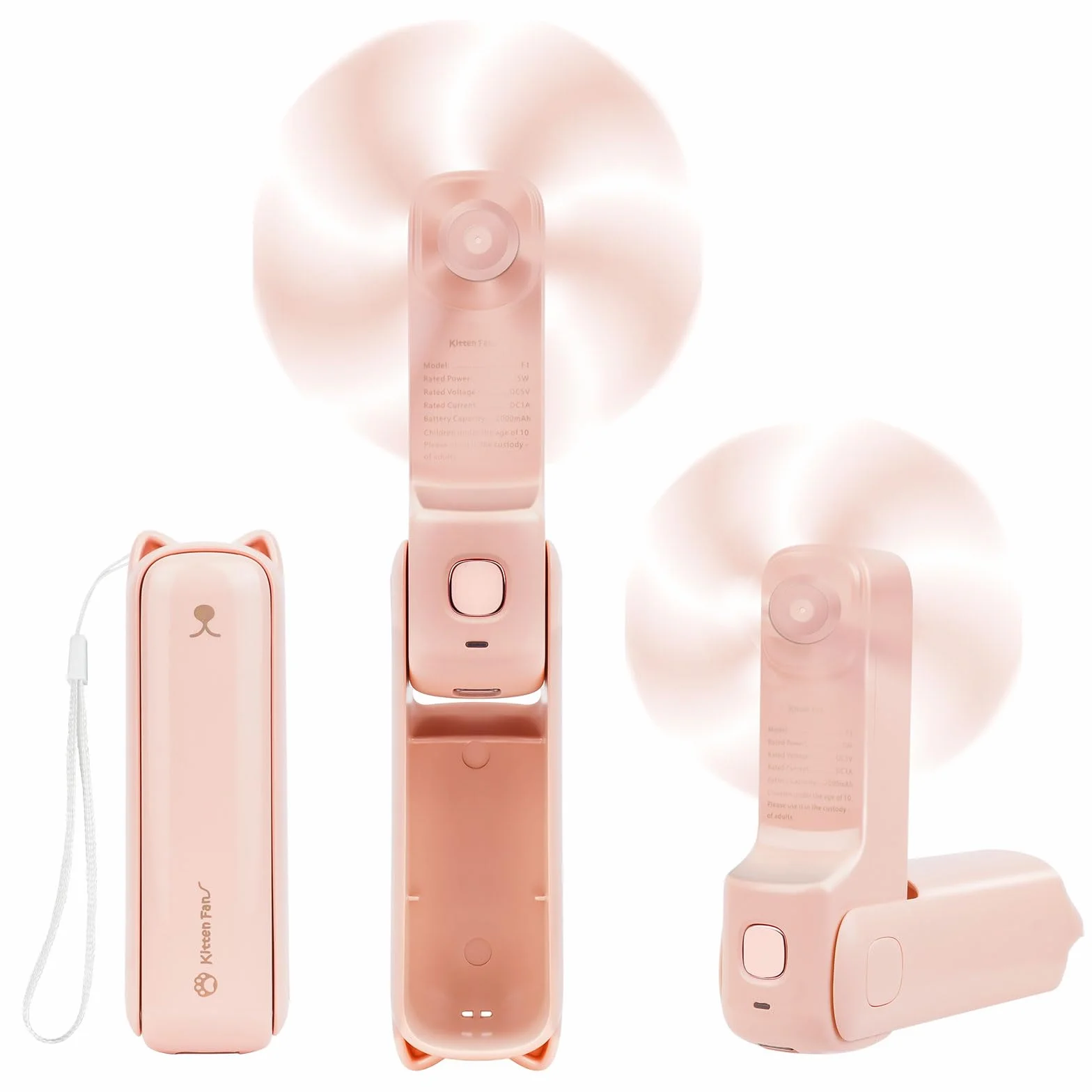 AUAUY Przenośny mini wentylator, wentylator ręczny 3 w 1, wentylator kieszonkowy ładowany przez USB, cichy mini wentylator z 3 prędkościami, z baterią zewnętrzną i latarką
