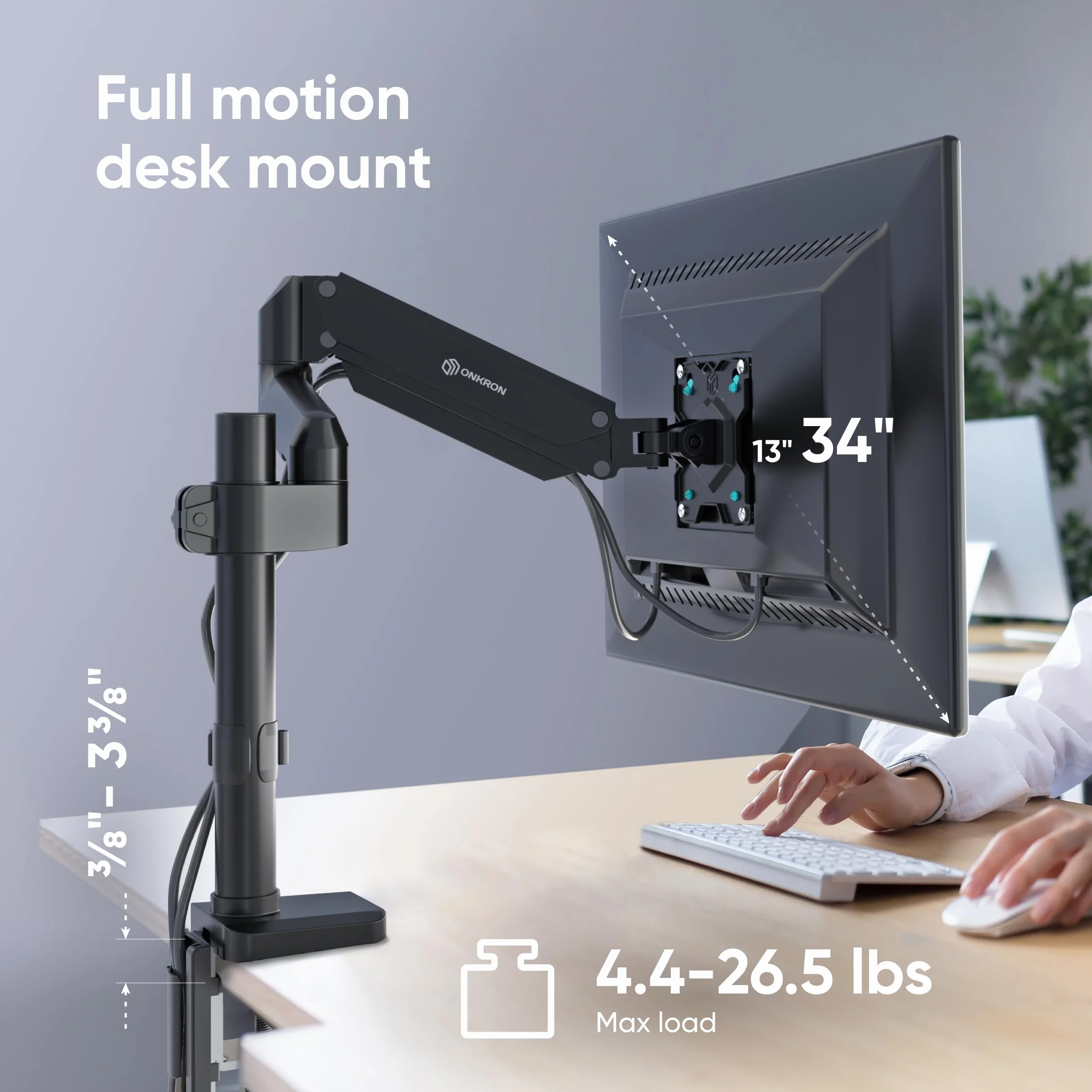 ONKRON Uchwyt na biurko z pojedynczym ramieniem monitora do ekranu 13-34 cali, ramię monitora sprężyny gazowej do 12 kg - uchwyt na ekran do biurka VESA 75x75 i VESA 100 x 100 / uchwyt na ekran
