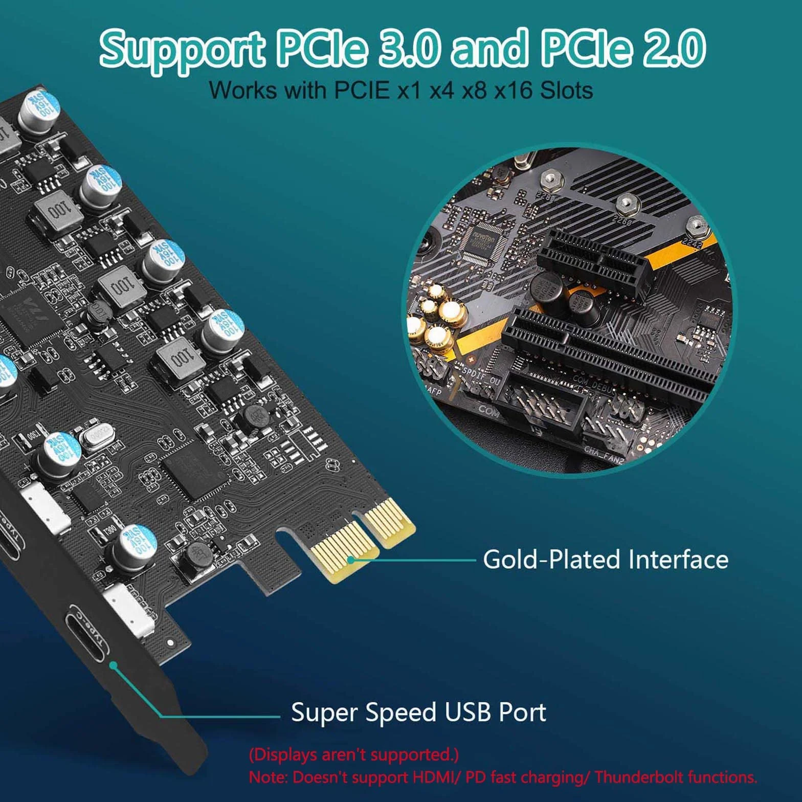 Karta PCIE 5-Portowa (3X USB C, 2X USB 3.0-A) Rozszerzeń PCI Express - Wewnętrzny Hub Dla Komputera Stacjonarnego - Windows 10/8/7 i MAC OS 10.8.2+