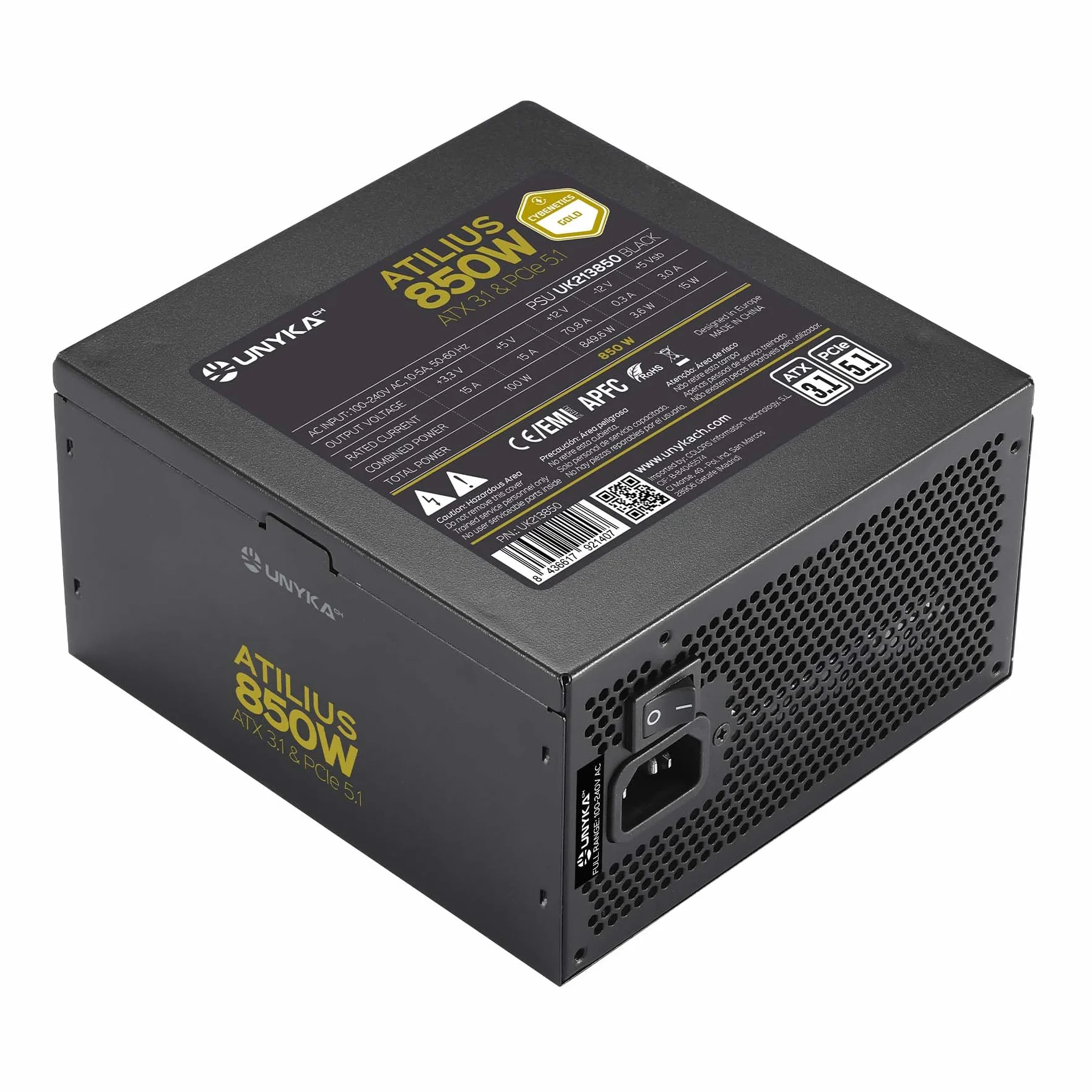 UNYKAch ATX ATILIUS 3.1 850W Gold zasilacz ATX, certyfikat Cybenetics Gold,Standardy ATX 3.1 i PCIe 5.1, System konwersji DC-DC, Topologia rezonansowa LLC